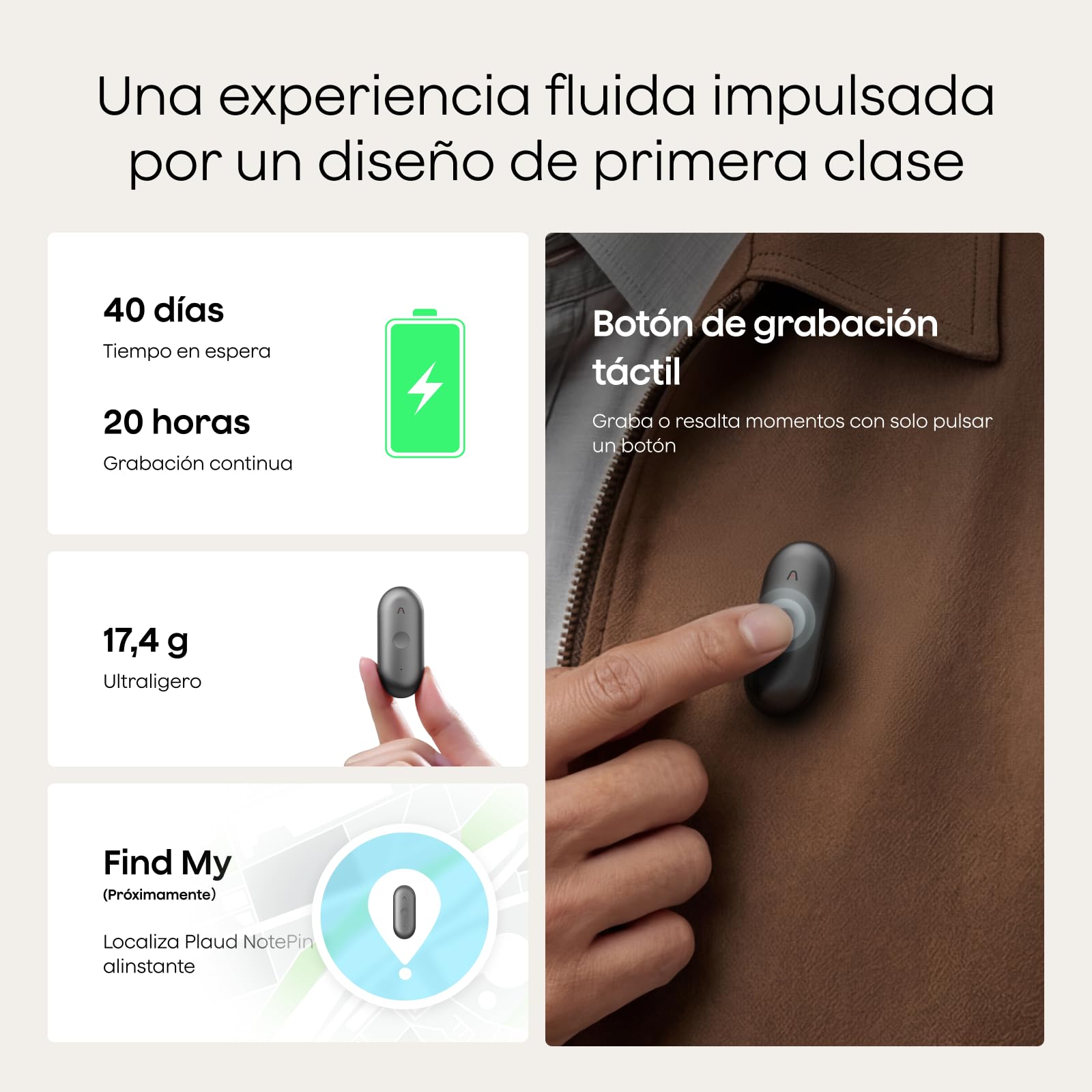 Plaud NotePin S Grabadora de Voz IA con botón de grabación táctil Transcripción IA Resúmenes Tomar Notas Transcripción Resumen IA para Reuniones Llamadas Entrevistas Charlas Clases con 4 Accesorios