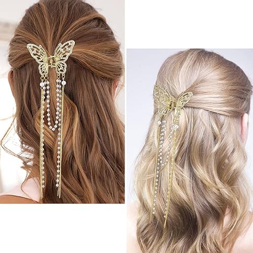 Miniatura 2 de Ahoney 2 pinzas de mariposa para el cabello, pinzas de mariposa para el cabello con dijes, pinzas de metal para el cabello con borlas, perlas y