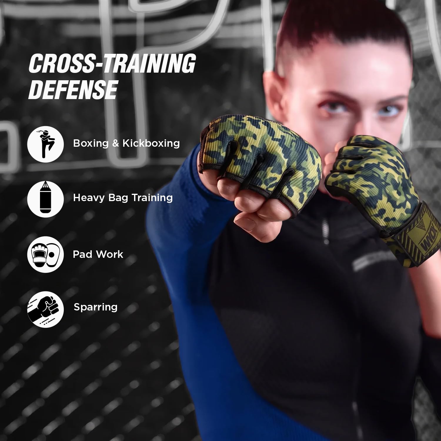 WYOX Fasce in gel di alta qualità per guantoni da boxe, polsiere rapide da 80 cm, imbottite, per uomini, donne, muay thai, MMA, kickboxing, arti marziali (giungla mimetica, L/XL)