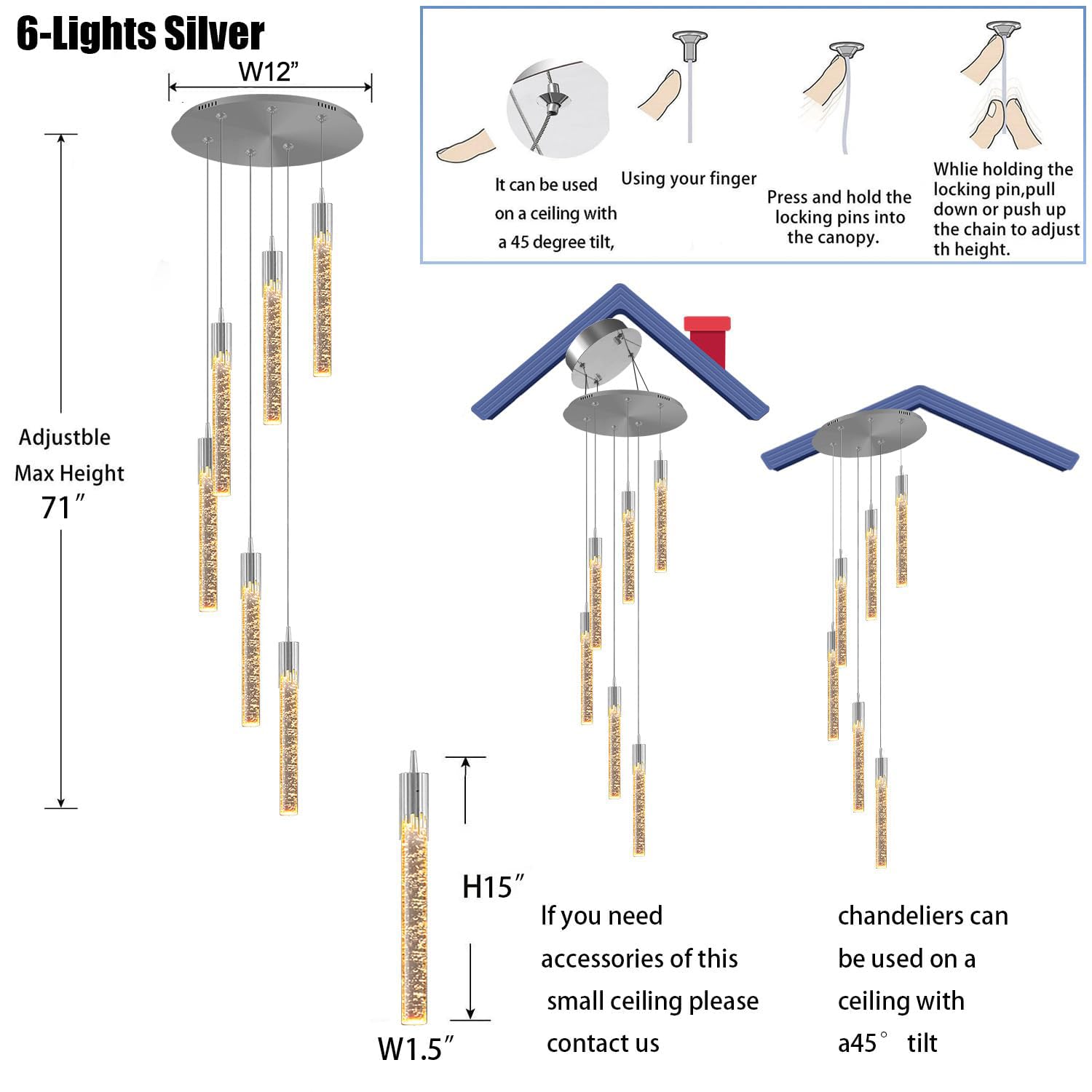 Lámpara de Techo Moderna de 6 Luces con Cristales en Forma de Burbuja - Lámpara Colgante LED Regulable Estilo Loft para Sala de Estar y Comedor, 178 cm de Largo, 2700K/4500K/6000K,