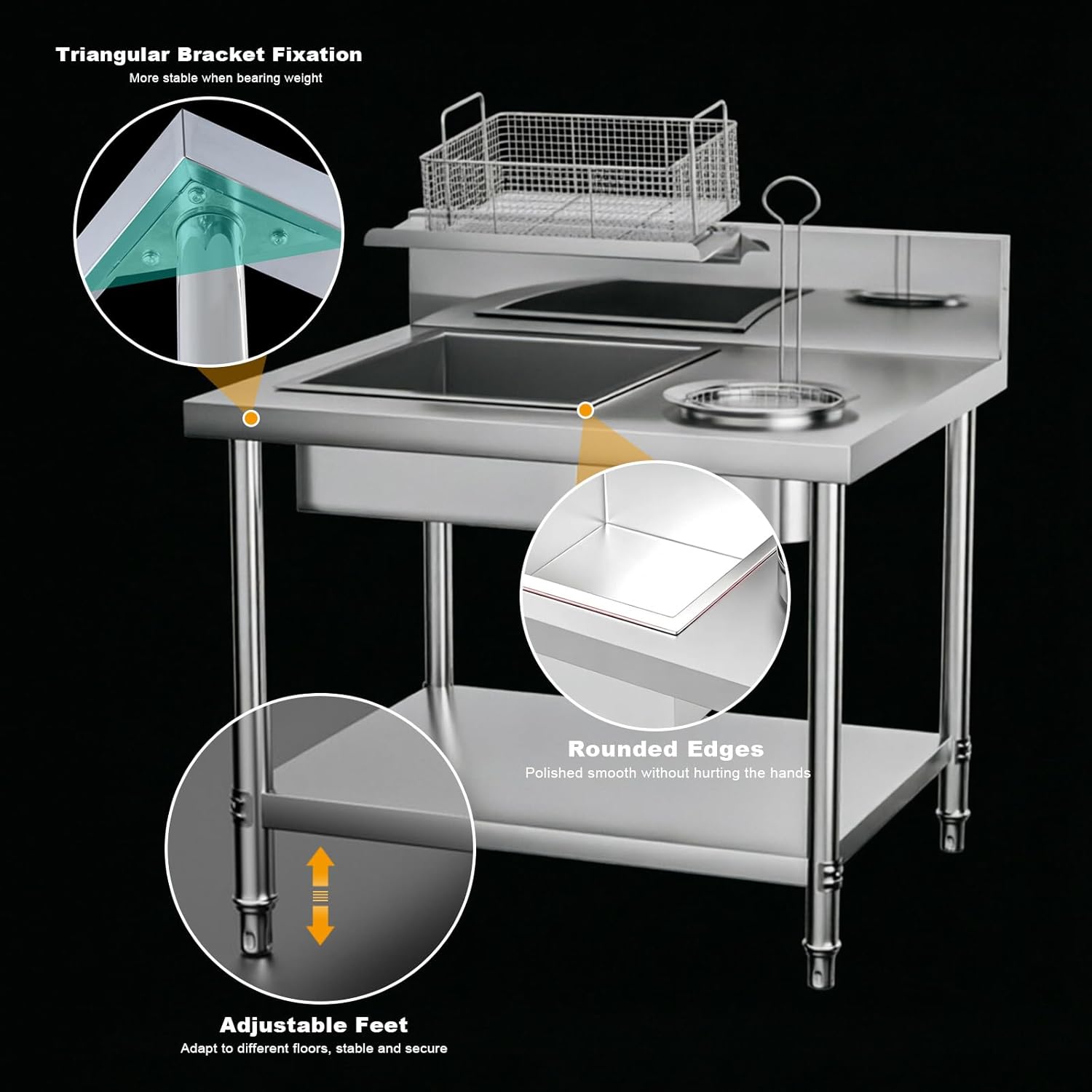 Stainless Steel Breading Table Fried Chicken Breading Prep Station with Removable Basins & Baskets Commercial Fried Food Prep Table with Bottom Shelf Breading Worktable for Restaurant Kitchen