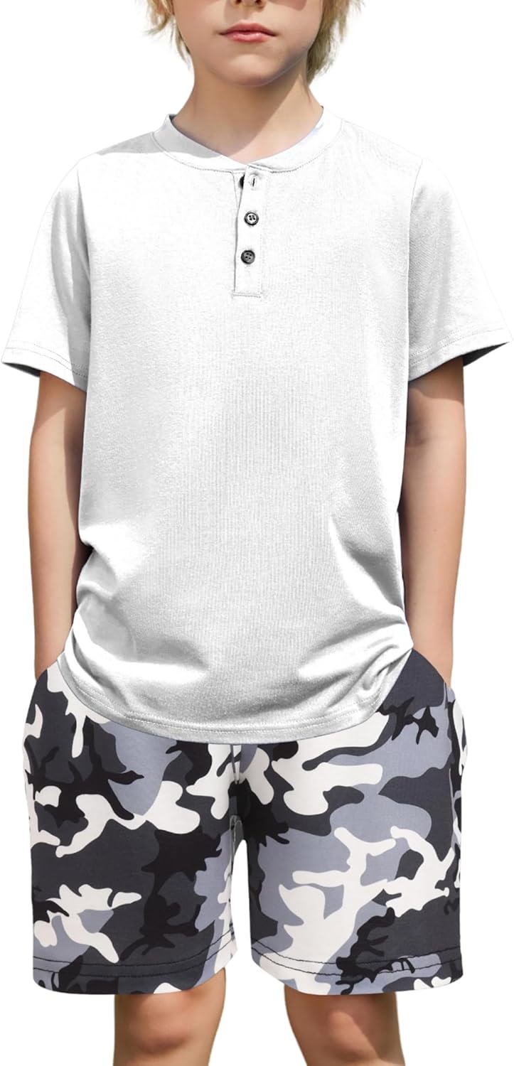 Arshiner Boys Summer Clothing Sets 3-button Short Sleeve Tee and Shorts Casual Outfits for 5-12 Years