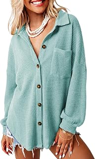 Dokotoo Womens Waffle Knit Shacket Jacket Casual Button Down Shirts Tops | Long Sleeve,Loose Fit,Boyfriend Style,Collared V Neck,Fall Cardiga,Outwear with Pockets