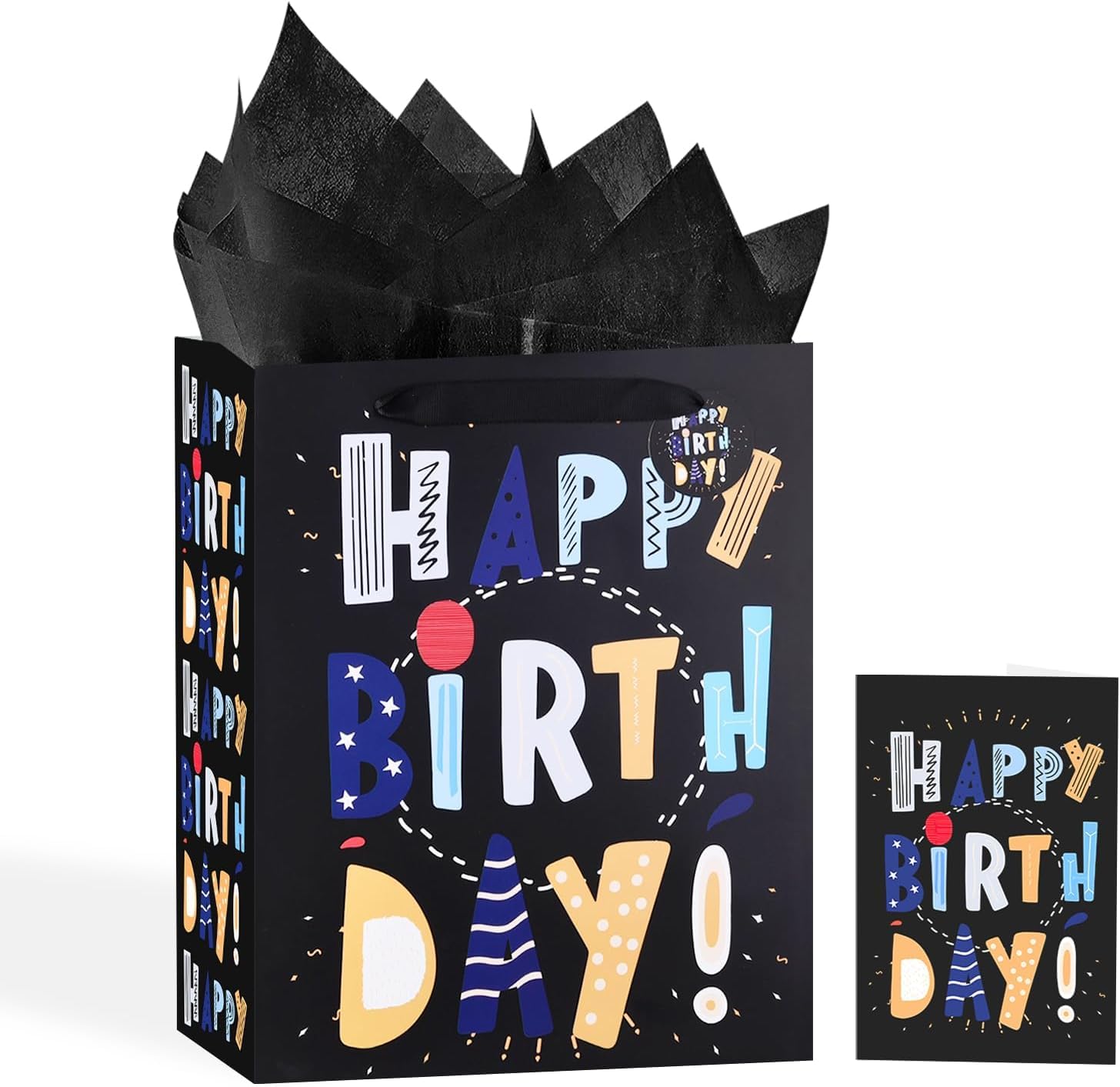 Photo 1 of 13" Black Happy Birthday Bag with Tissue Paper and Greeting Card for Party,Happy Birthday Gift Bag for Boys, Kids, Men,Gift Bags Medium size (1 PCS Black, Gift Bag)