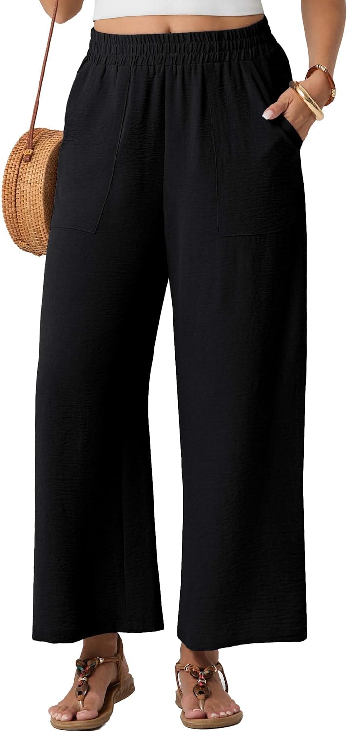 GRECERELLE Women Elastic High Waisted Wide Leg Pants Woman Casual Palazzo Trousers - Image 5