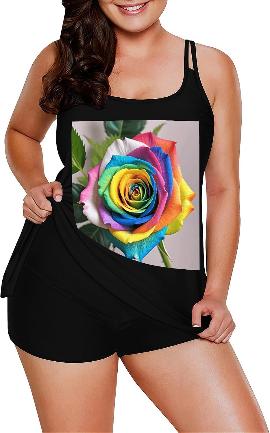 Rainbow Rose Tankini Swimsuits for Women Tummy Control Two Piece Bathing Suits Swim Tops with Boy Shorts