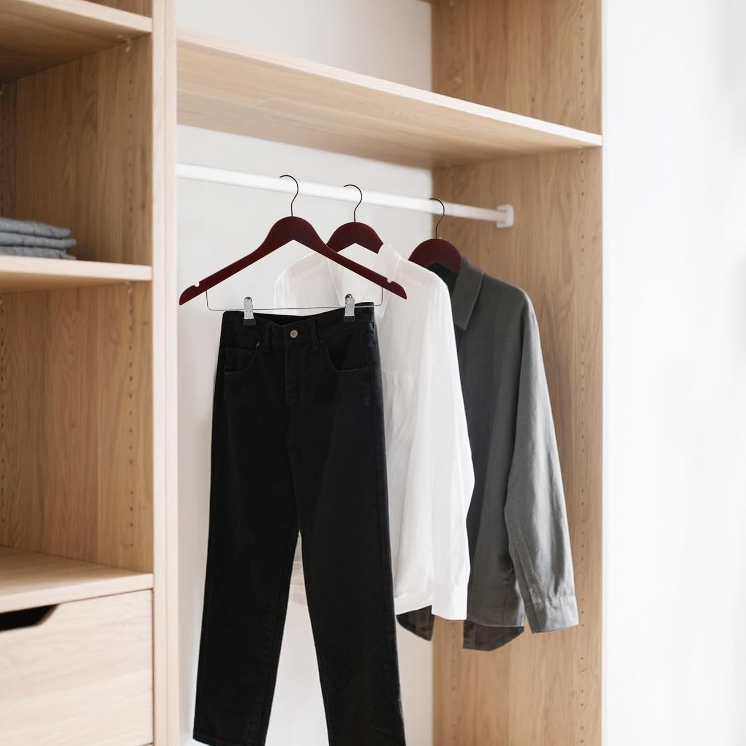 Wooden Hangers with Adjustable Metal Clips, 12-Pack Solid Wood Hangers with 360° Rotatable Hook for Skirt, Dress, Coats, Jacket and Pants, Space-Saving and Non-Slip Design