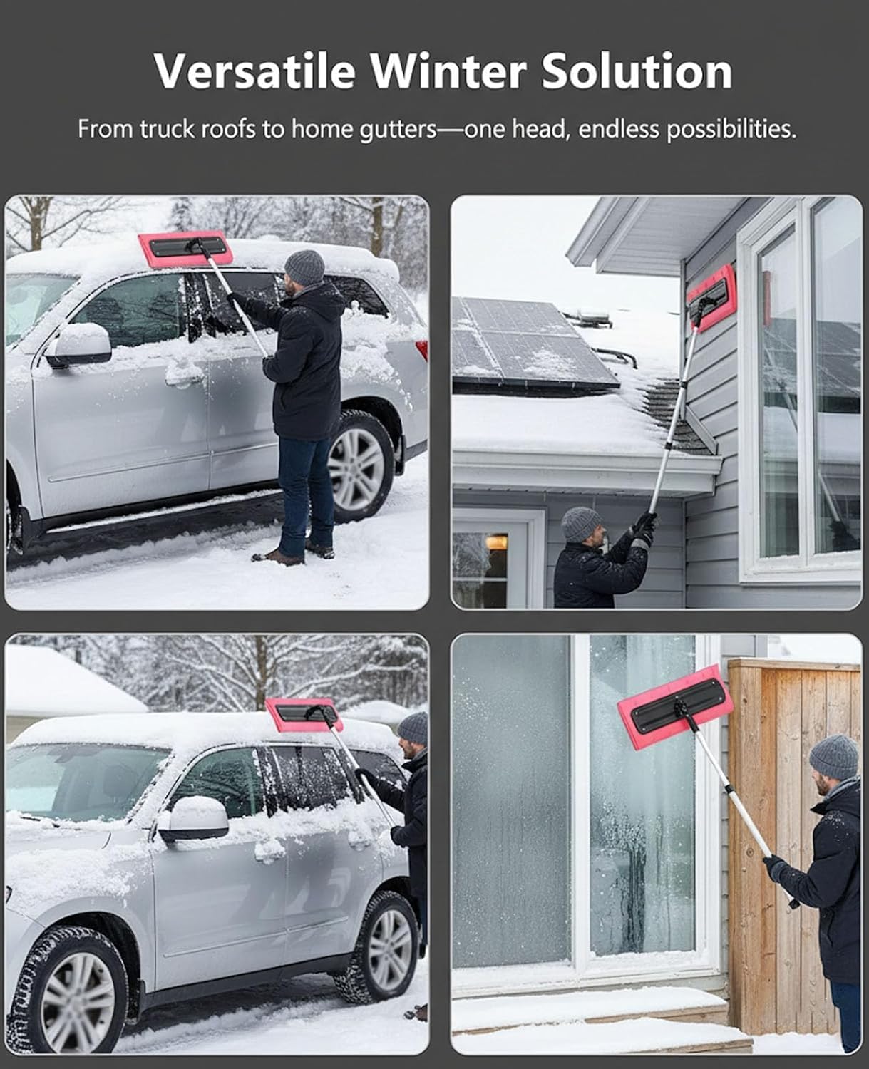 Solar Panel Snow Rake Removal Tool, Adjustable Telescoping Foam Roof Rake 78-157in Solar Panel Snow Brush Push Plate & Stainless Steel Telescopic Pole Quick Assembly for Roof Car (94.48 in)