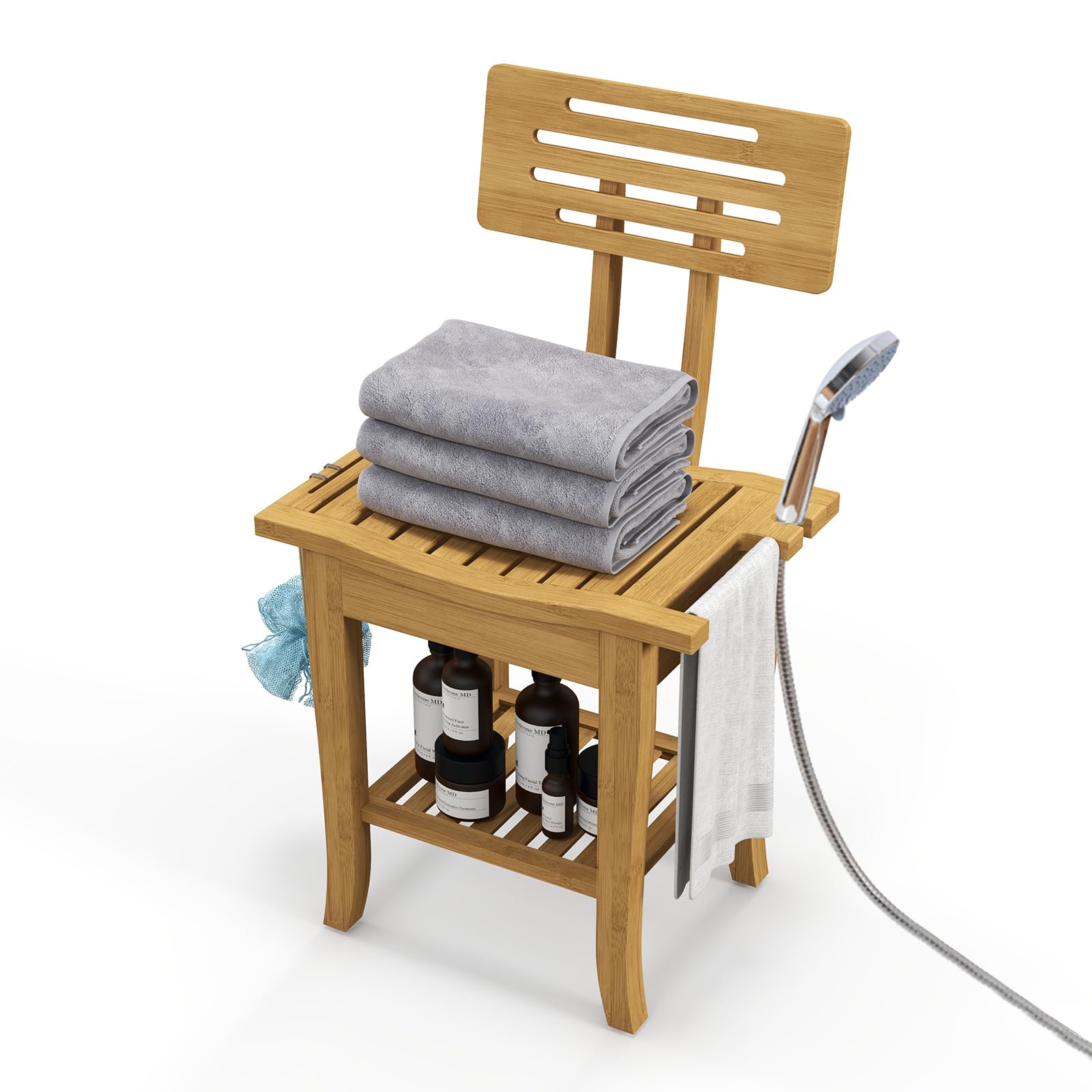 MOTION Bamboo Shower Bench with Backrest - Small Shower Stool with Storage Shelf, Waterproof Non-Slip Wooden Shower Chair, Spa Bath Seat for Bathroom