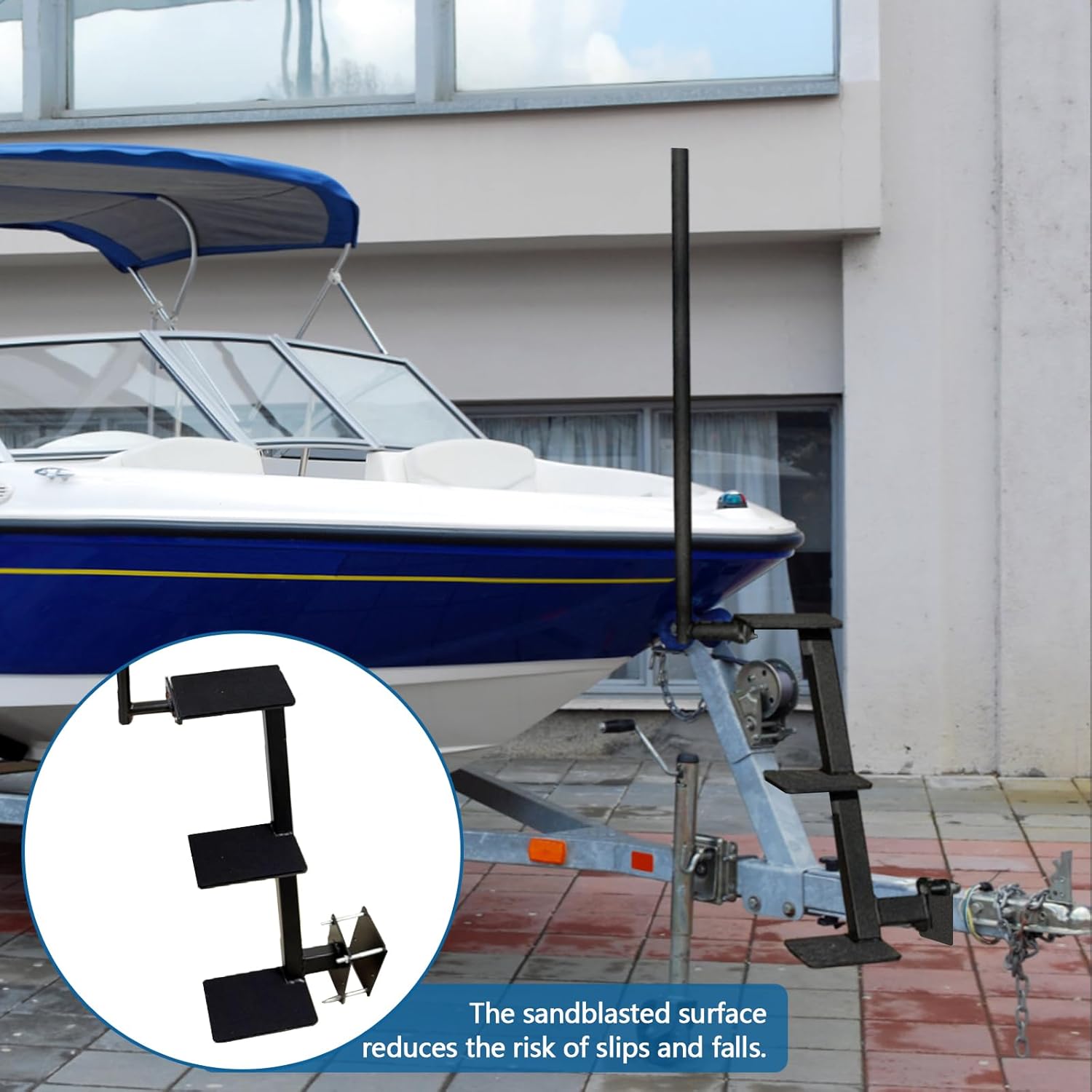 3-Step Boat Trailer Step with Safety Handle, Heavy Duty 1100 lbs Tongue Footrest Ladder for Pontoon & Bass Boats, Non-Slip Boarding Accessory