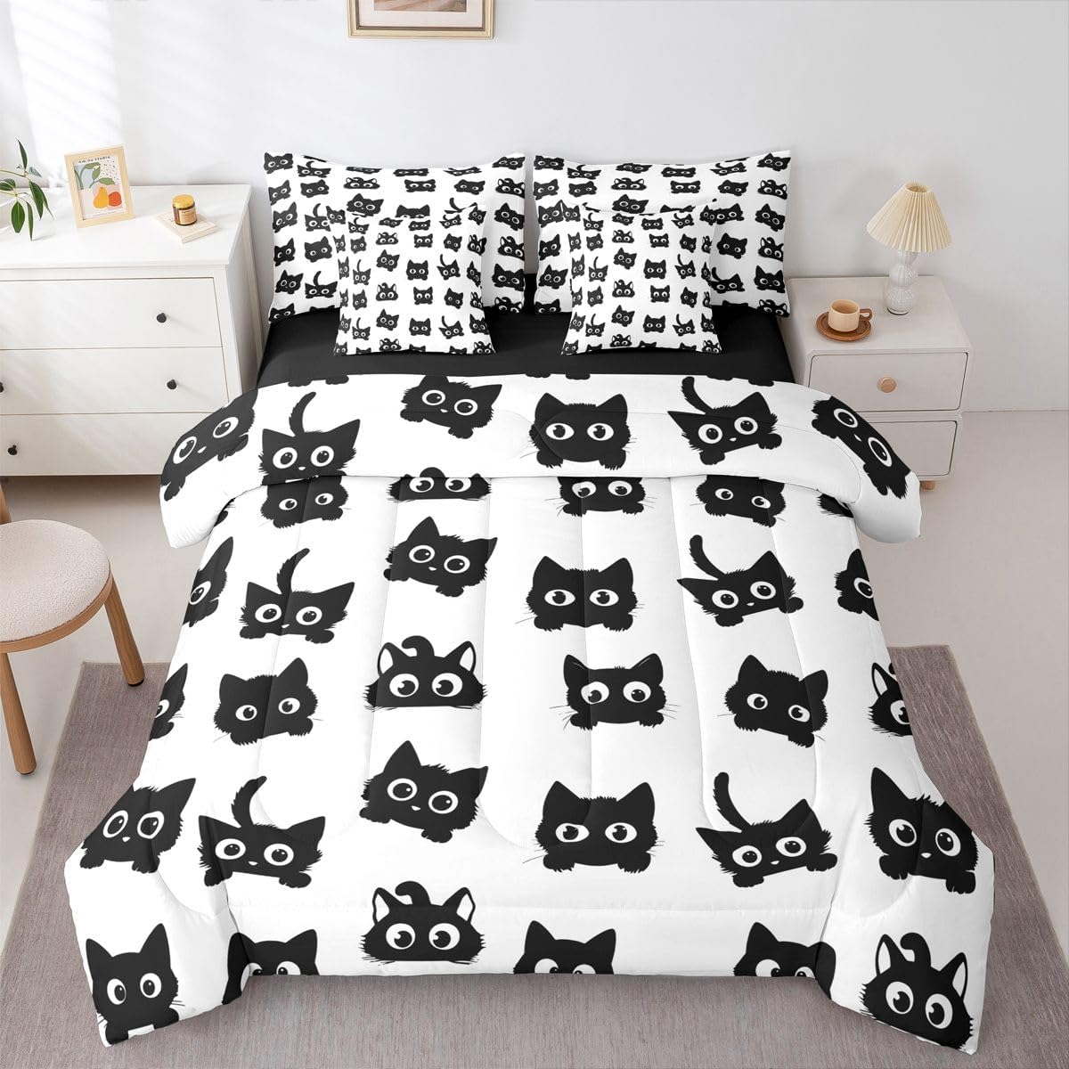 Feelyou Black Cat Comforter Set Twin Size 7 Pieces Cute Kitten Bedding Set for Kids Boys Girls Cartoon Pet Cat Comforter with Sheets & Cushion Covers Kawaii Bedroom Decor Quilted
