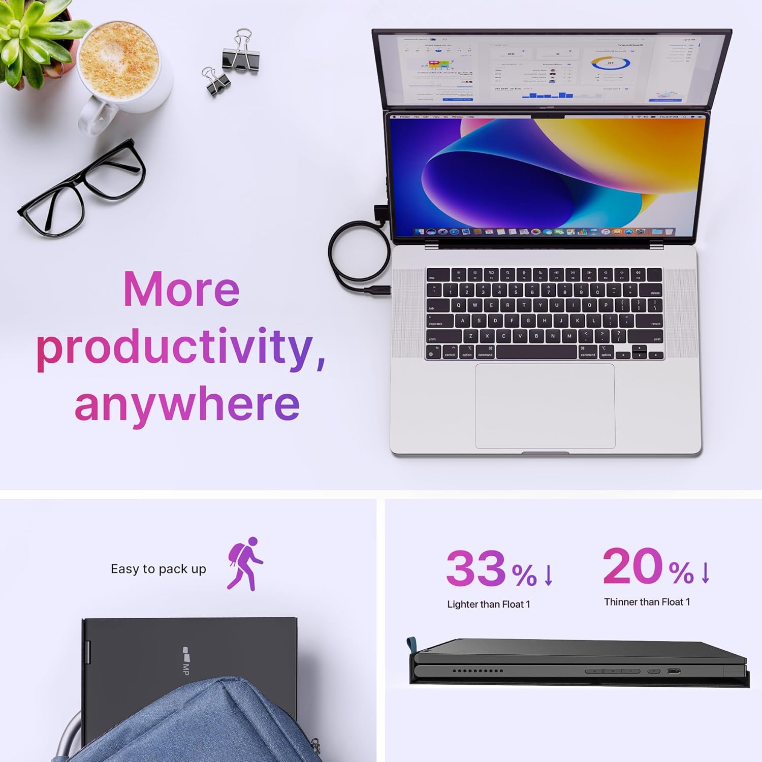 Mobile Pixels Duex Float 2 Pro 16" 2.5K Portable Monitor for Laptop, Built-in Kickstand & Speakers Ultra-Thin Laptop Screen Extender | USB-C & HDMI | Plug & Play for Windows, MacOS, Switch, Android