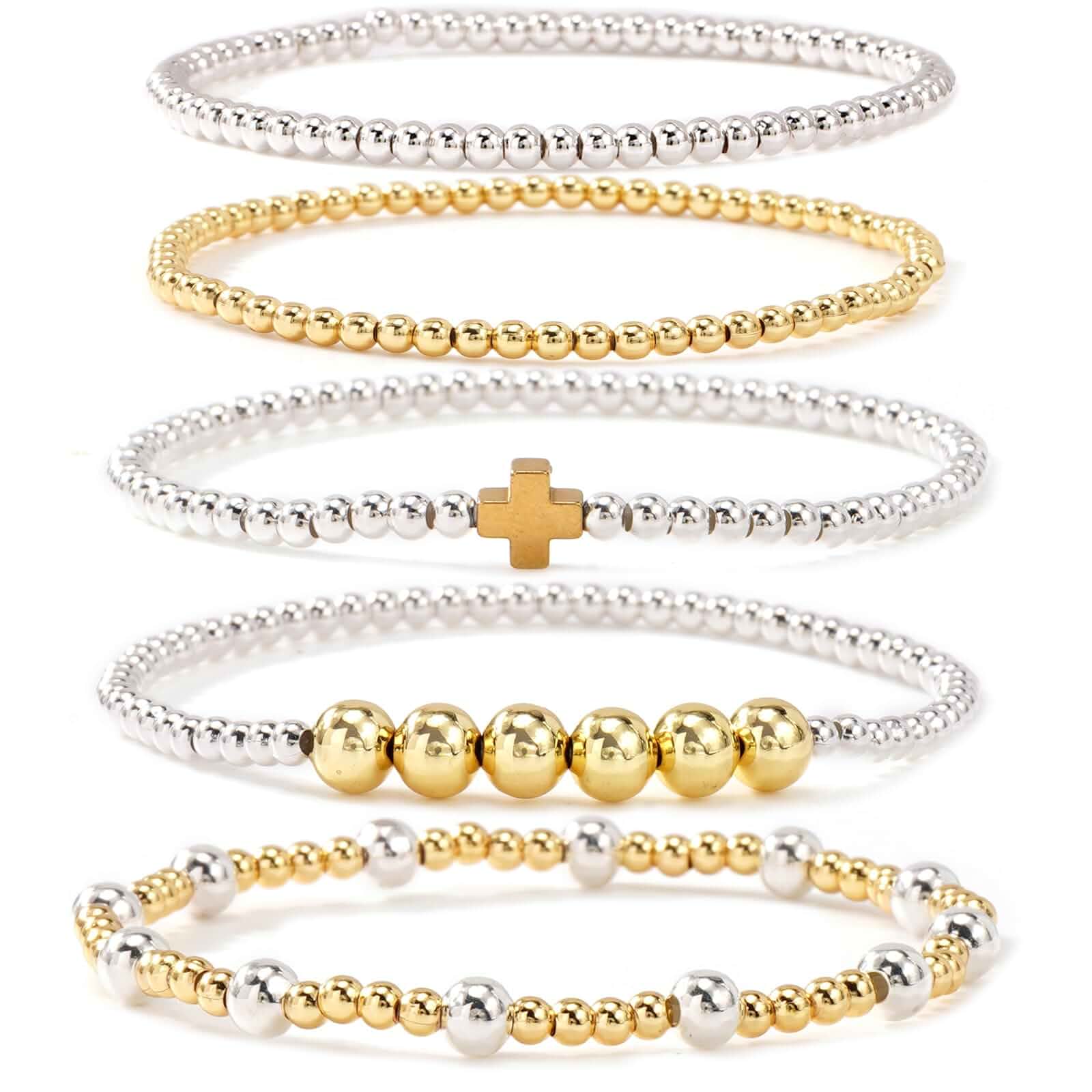 Silver Gold Beaded Bracelets for Women Stackable 14K Gold Plated Beads Ball Cross Bracelet Stack Non Tarnish Elastic Stretch Trendy Jewelry Christian Friendship Christmas Gifts for Women