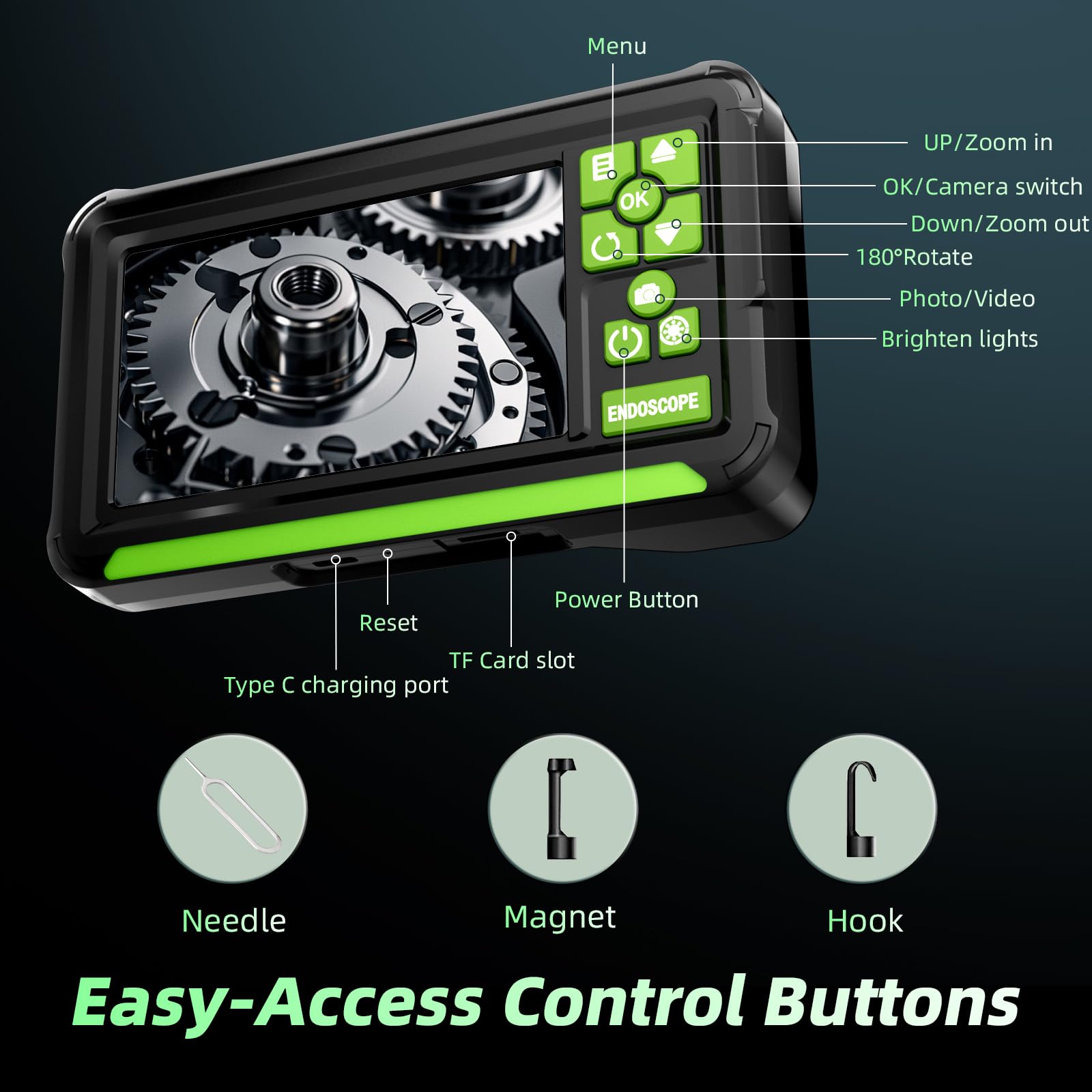 Cámara Endoscópica de Doble Lente, 4,3" Pantalla IPS Endoscopio Camara de Inspeccion con 8 Luces LED, Camara Inspeccion Tuberias Impermeable IP67, Cable Semi-Rígido de 5M, Toma Fotos y Graba Video