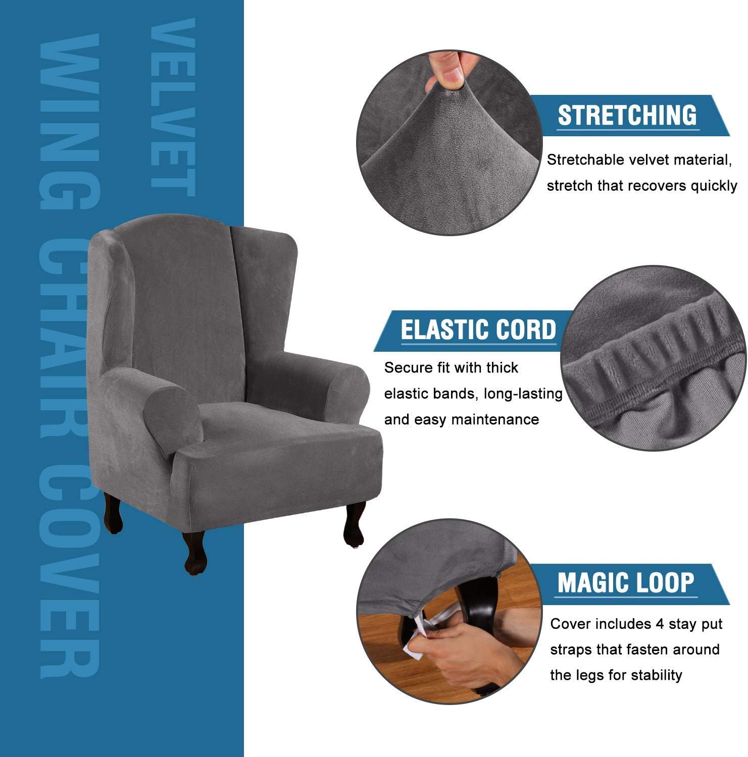 H.VERSAILTEX Velvet Sofa Slipcover for 3 Cushion Sofa(72"-96", Grey) Bundle 1 Piece Velvet Plush Grey Wingback Chair Cover Slipcover
