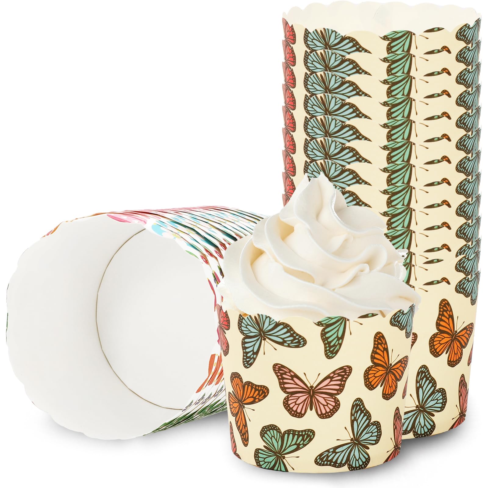 JarThenaAMCS 100Pcs Spring Butterfly Paper Baking Cups Colorful Butterfly Cupcake Wrappers Scalloped Edge Cupcake Muffin Cases for Birthday Baby Shower Dessert Decoration