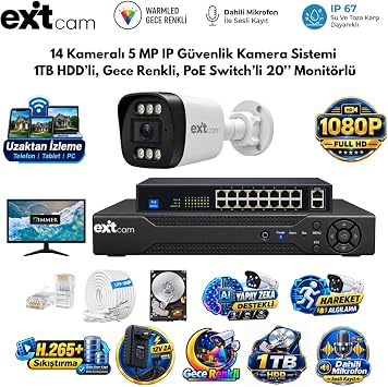 ExitCam 14 Kameral  5 MP IP PoE G venlik Kamera Sistemi   20  n  Monit r, 1 TB HDD, 300 Metre Kablo, Sesli ve Gece Renkli