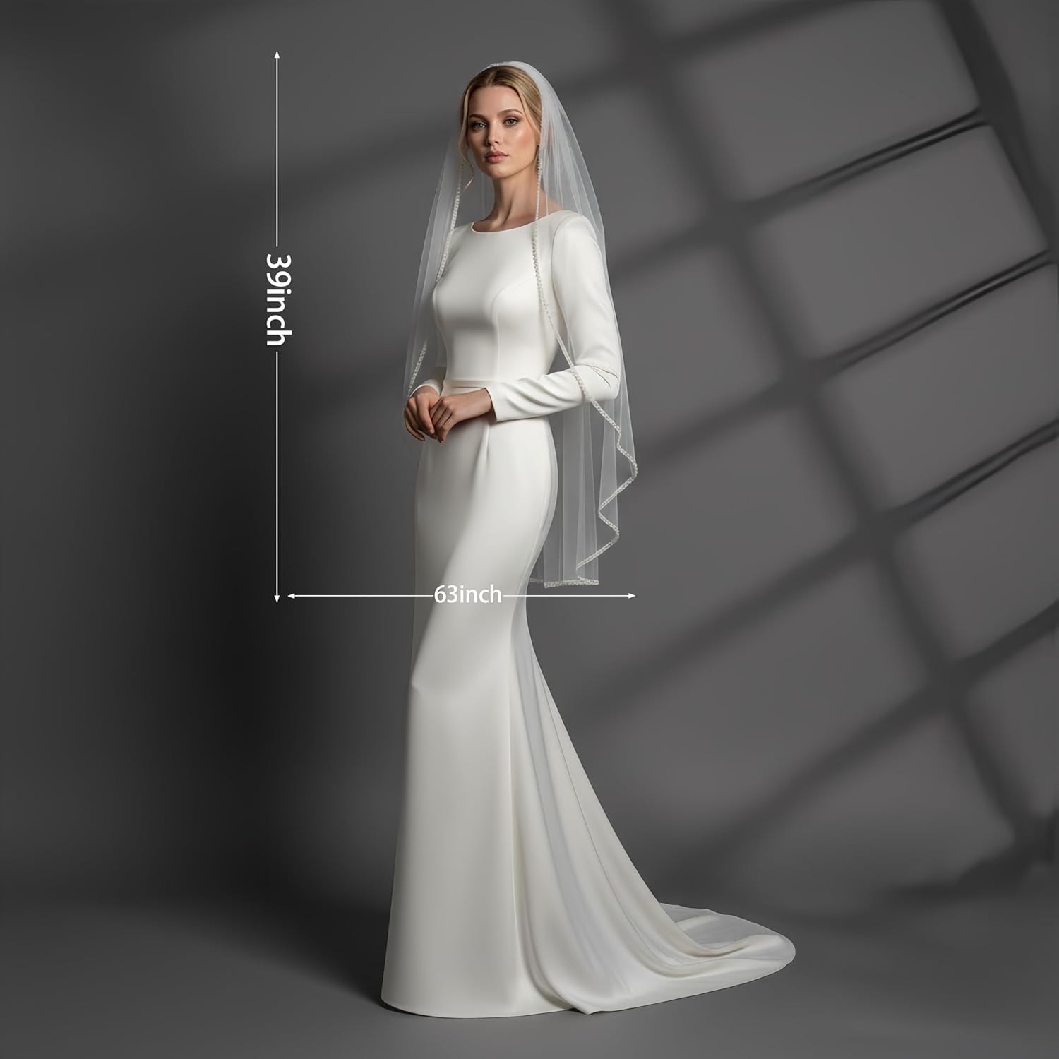 1 Tier Crystal Pearl Beaded Edge Bridal Wedding Veil Fingertip Length - Image 6