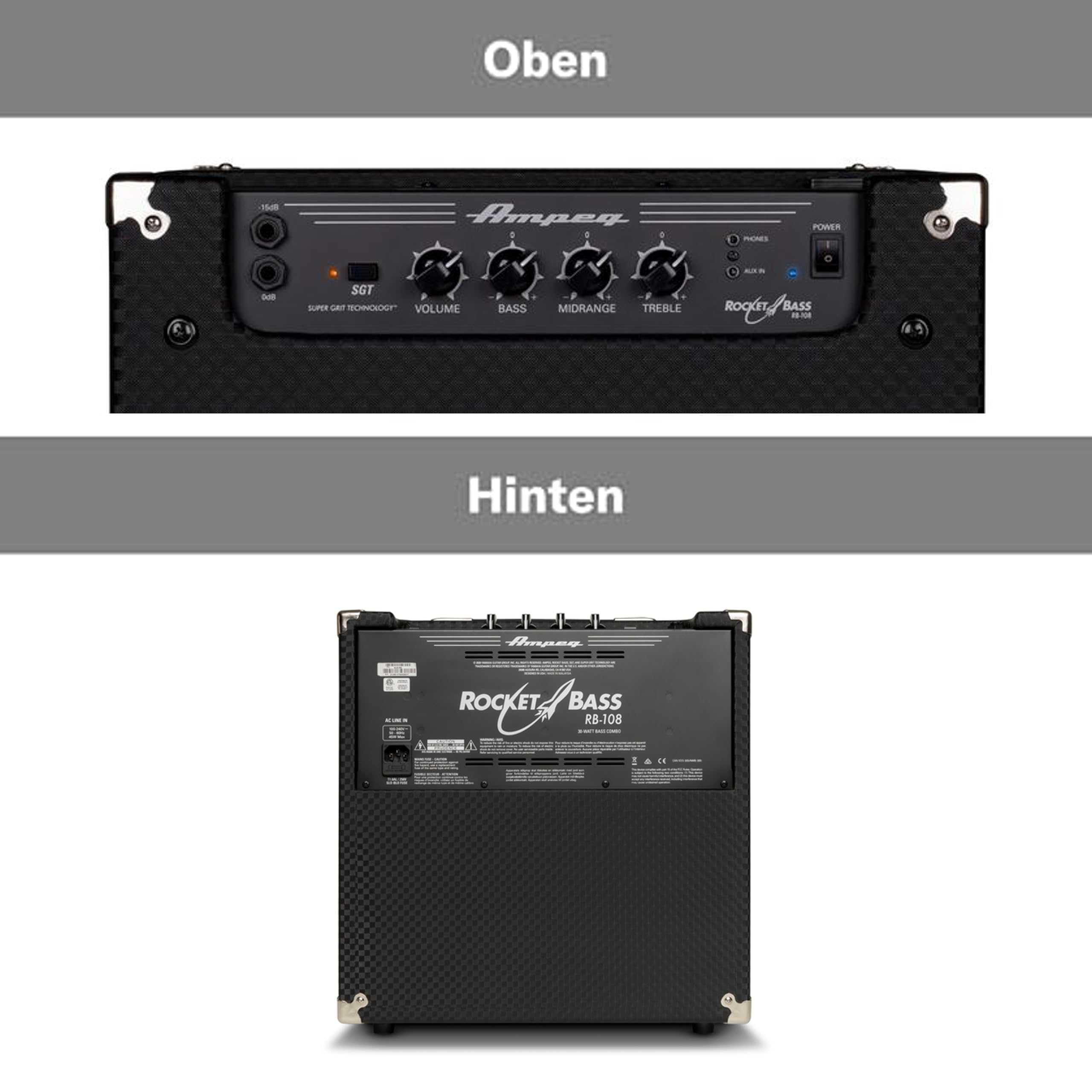 AMPEG RB-108 Basscombo – 30W Übungsverstärker mit AMPEG Legacy Preamp, SGT Overdrive, 3-Band-EQ, AUX-Eingang, Kopfhörerausgang und 1x8 Speaker – Schwarz