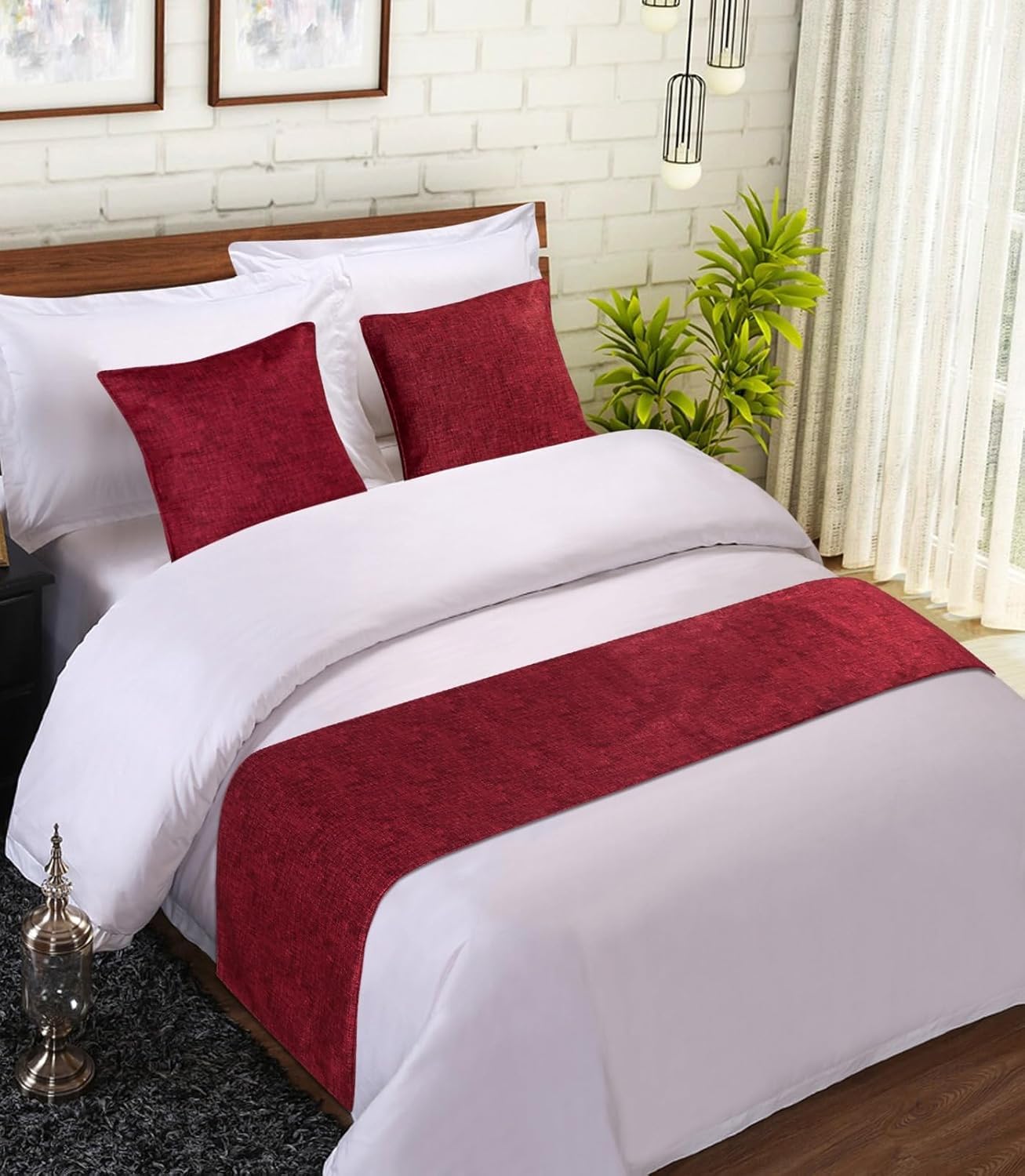 Premium King Size Bed Runner Set with 2 Cushion Covers (Red)-picture-25