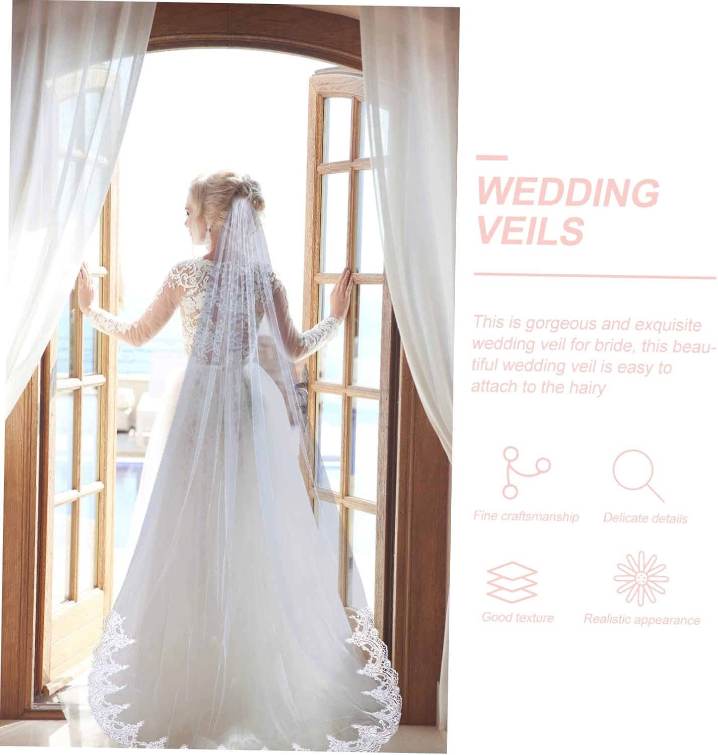 Bridal Veil Long Cathedral Train with Decorative Floral Lace Wedding Headdress for Brides Non Slip Design for Wedding Day
