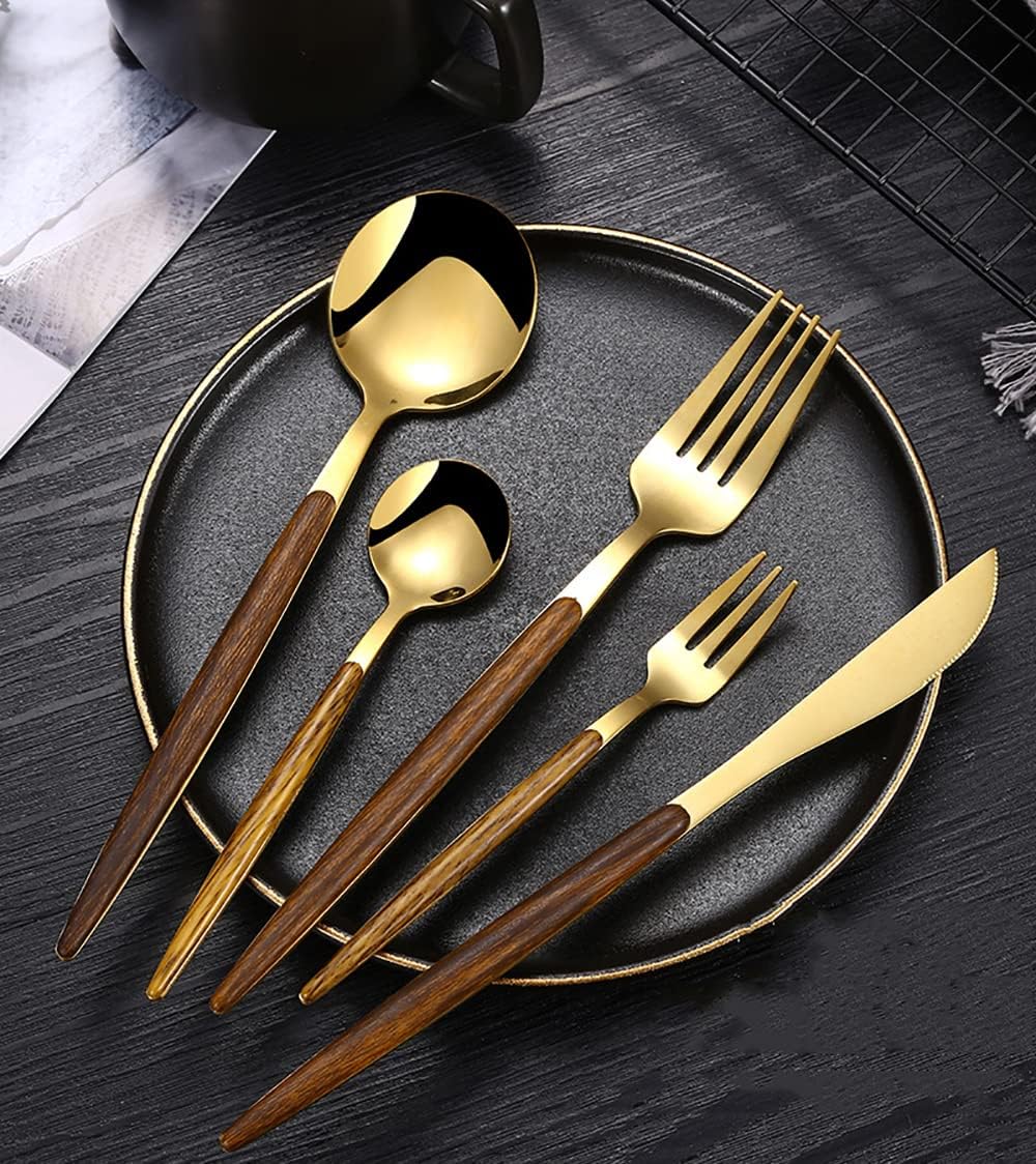 Wooden Gold Silverware Set With Wood Handle 30 Piece Flatware Sets Service for 6 Stainless Steel Home Kitchen Wedding Restaurant Cutlery Utensils Set Knifes Forks and Spoons