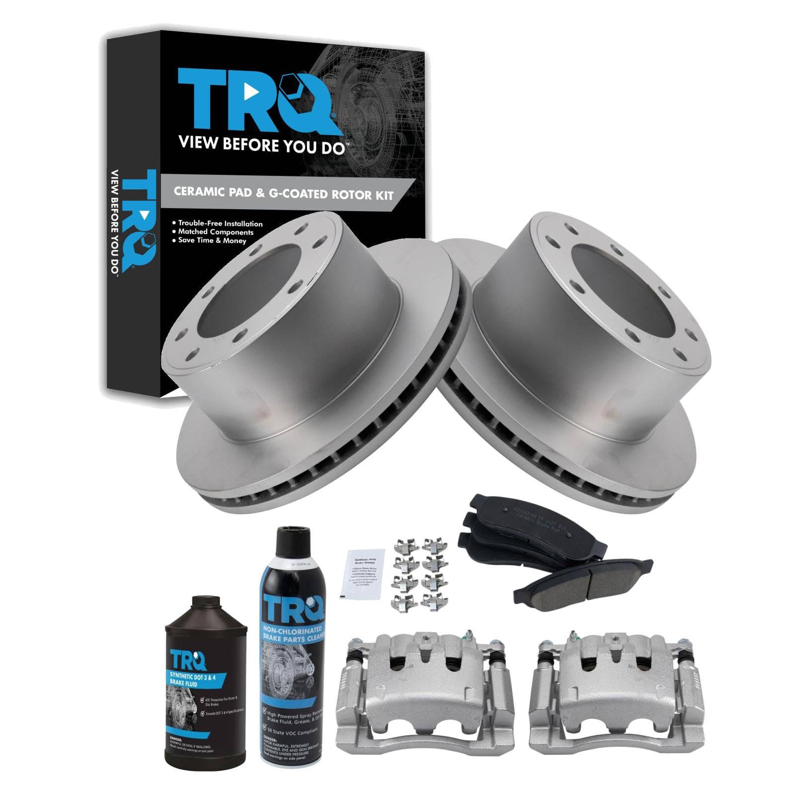TRQ Rear Brake Pad, Caliper, &amp; Rotor Kit, with Chemical Kit Ceramic Premium G-Coated Compatible with 2008-2012 Ford F-250 Super Duty 2006-2012 F-350 Super Duty