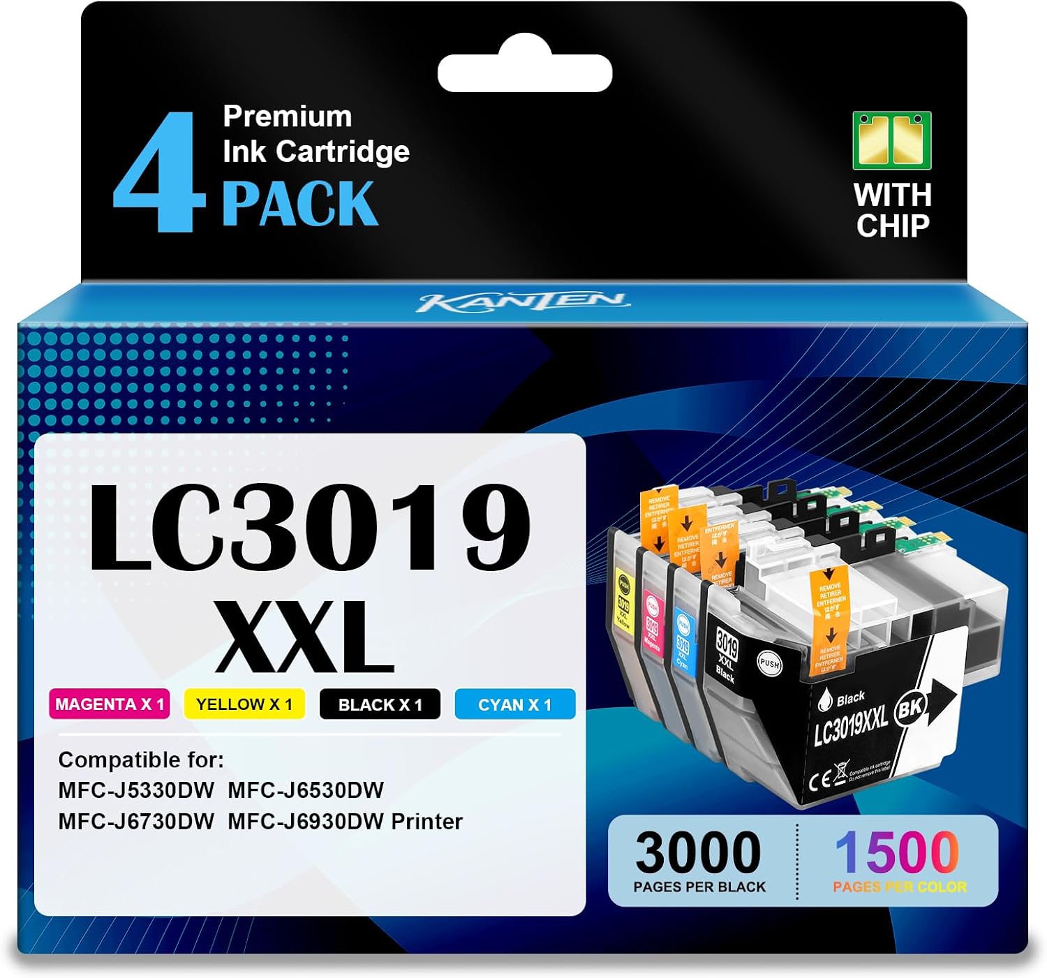 KANTEN LC3019 LC3019XXL Ink Cartridge 4-Pack (with Chip) Ultra High-Yield Replacement for MFC-J5330DW MFC-J6530DW MFC-J6730DW MFC-J6930DW Printers (BK/C/M/Y)