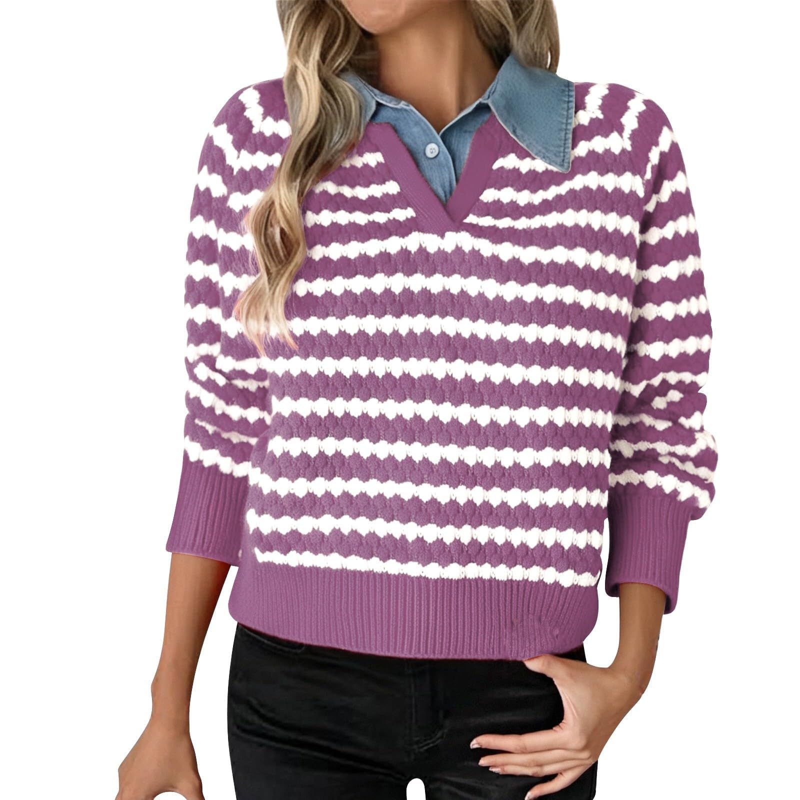 Striped Sweaters for Women Long Sleeve V Neck Pullover Sweater Color Block Pathwork Collared Denim Shirt Sweaters