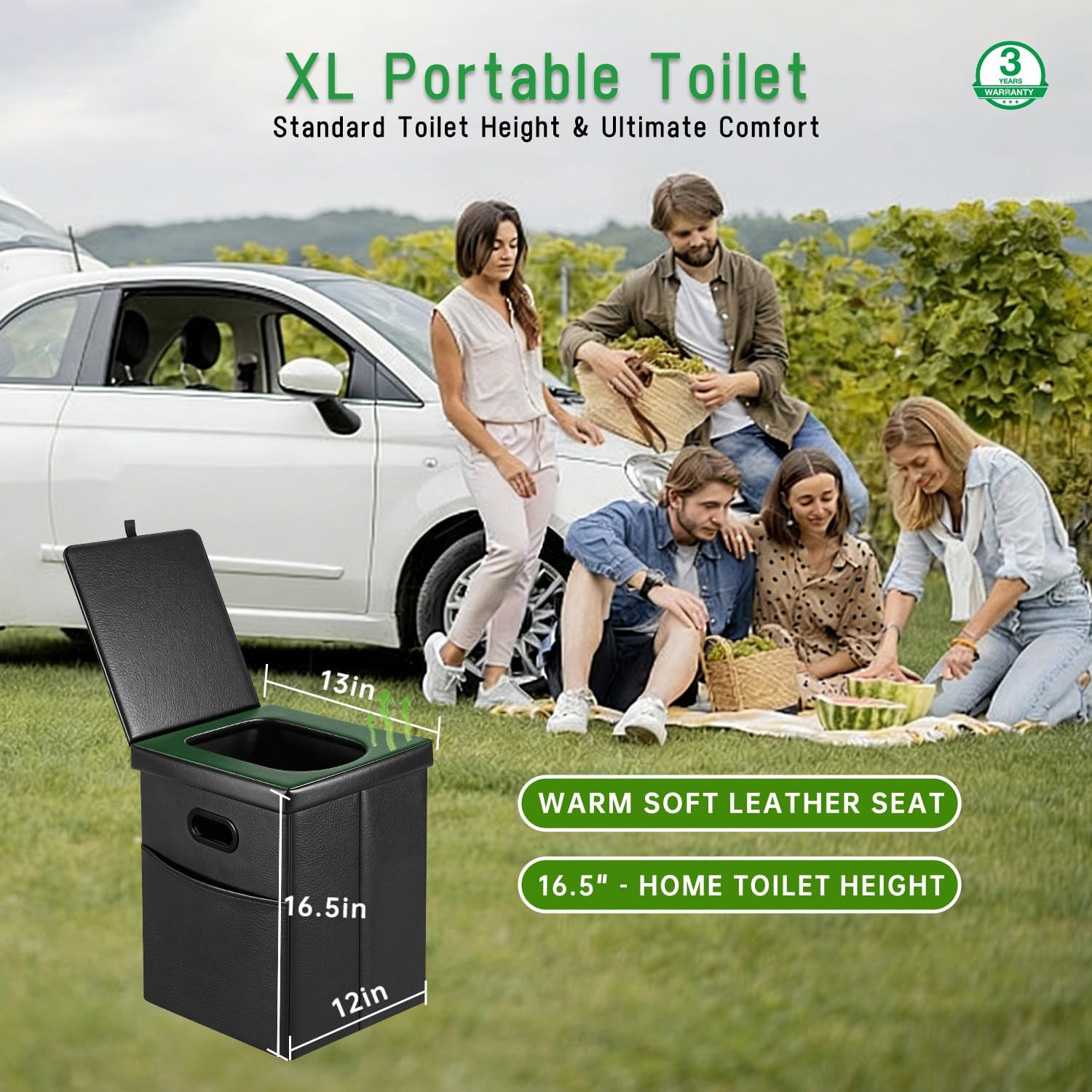 16.5" XL Portable Toilet for Camping, Foldable Travel Toilet for Adults with Cushioned Seat, Heavy Duty 190lbs Capacity Commode for Car, Road Trip, Outdoor Emergency & Bedside Support