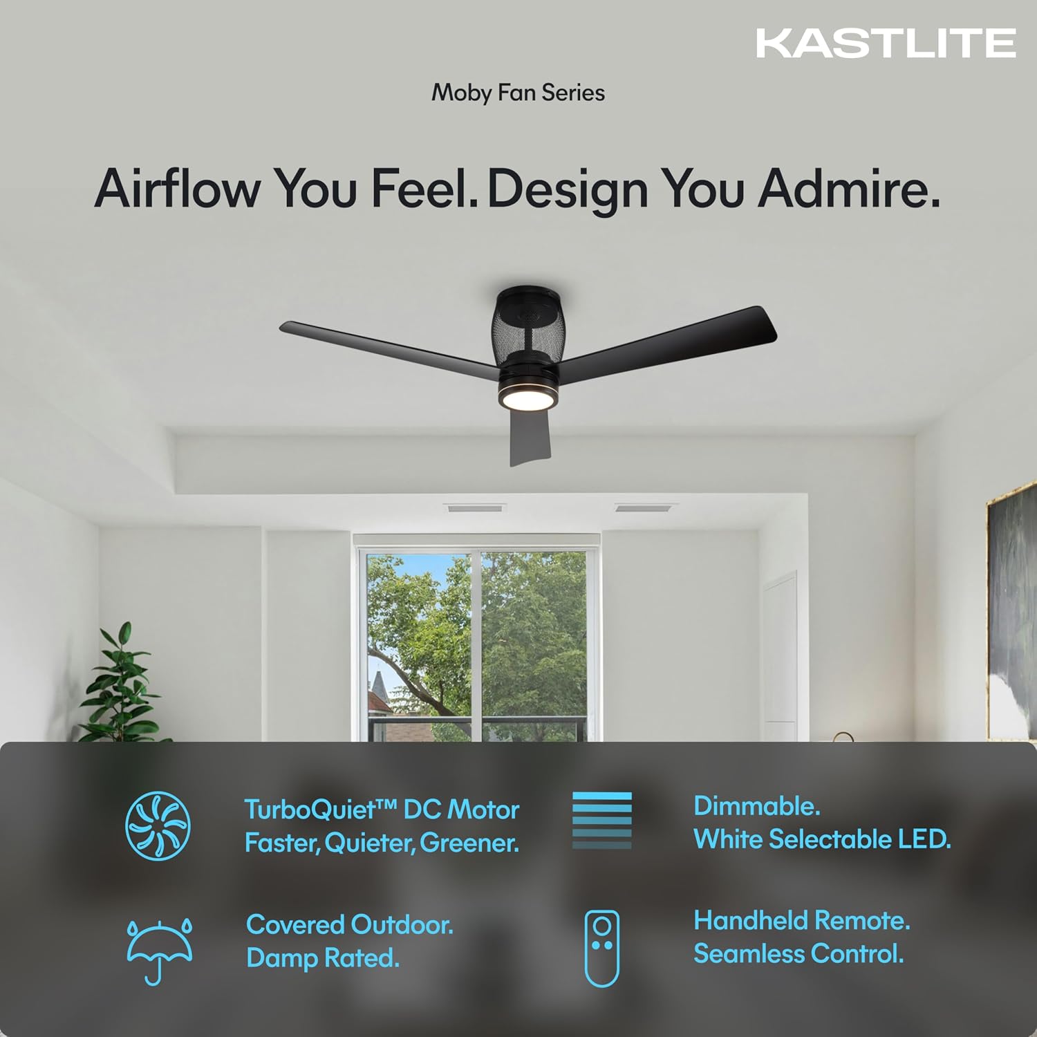 KASTLITE 52-Inch Flush Mount Hugger Ceiling Fan with Light | Remote Control Low Profile Fan Chandelier | 6CCT LED Fixture, Quiet DC Motor | Matte Black Body & Blades, Mesh Decorative Top Cover | Moxy