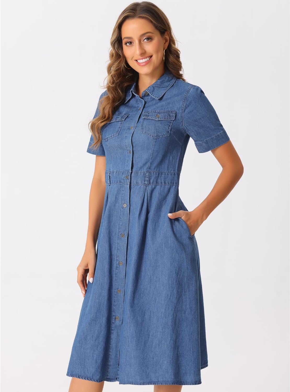 Allegra K Denim Dress for Women's Collared Short Sleeve A-Line Button Up Jean Midi Dresses - Image 4