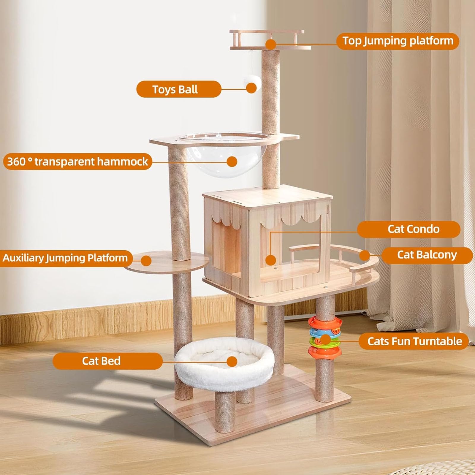 Árbol para Gatos, Moderna Torre para Gatos De Interior, Estructura De Madera De Densidad Media De 60" De Alto con Hamaca, Poste para Rascar Y Juguete para Gatos Pequeños Y Grandes