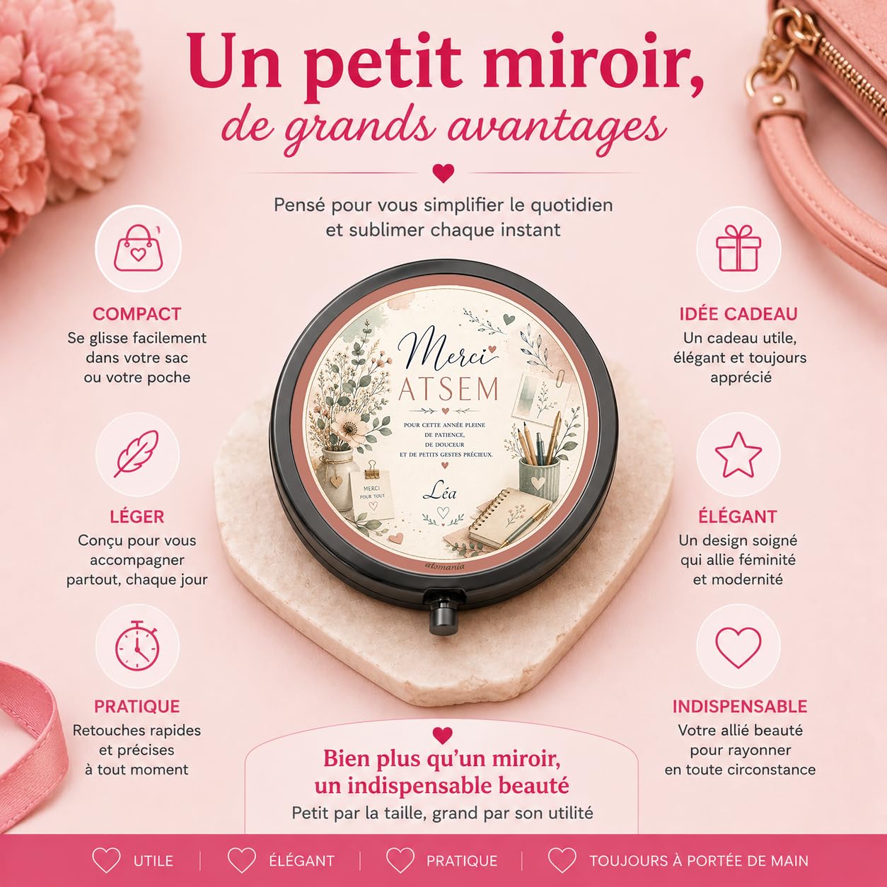 Miroir de Poche Merci ATSEM Personnalisé – Cadeau ATSEM Fin d'Année Scolaire avec Prénom – Cadeau Assistante Maternelle Élégant et Utile – Miroir Compact Femme