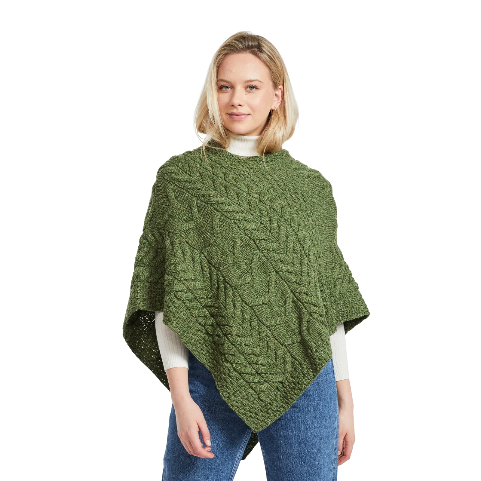 Aran Woollen Mills Poncho in Maglia Irlandese per Donna Cardigan Triangolare in Lana Merino Super Morbida Made in Ireland