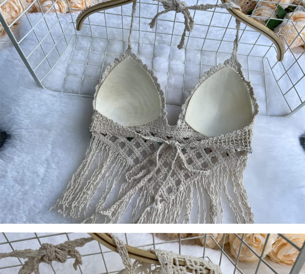 OZEO Pulls sans Manches Gilet,Ensemble De Bikini Triangle Au Crochet avec Couvertures pour Femmes Débardeurs avec Coussinet Gland D'Été Halter Neck Crop Tank Tops Ethnique Sexy Tricoté Plage Maillot