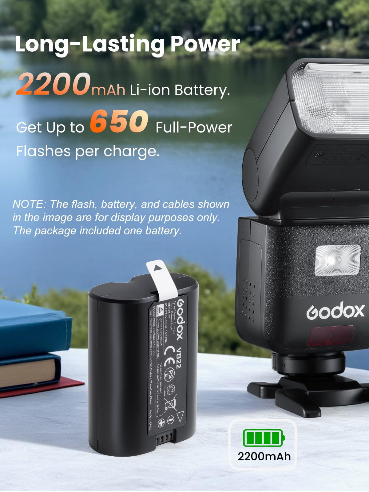 GODOX VB22 Batterie au Lithium pour Godox V480 V1MID V350 Flash, par Exemple V480S V480C V480N V480F V1Mid-N V1Mid-S V1Mid-C V1Mid-F V1Mid-O, 7,2V 2200mAh Batterie Rechargeable, Recharge Via USB-C