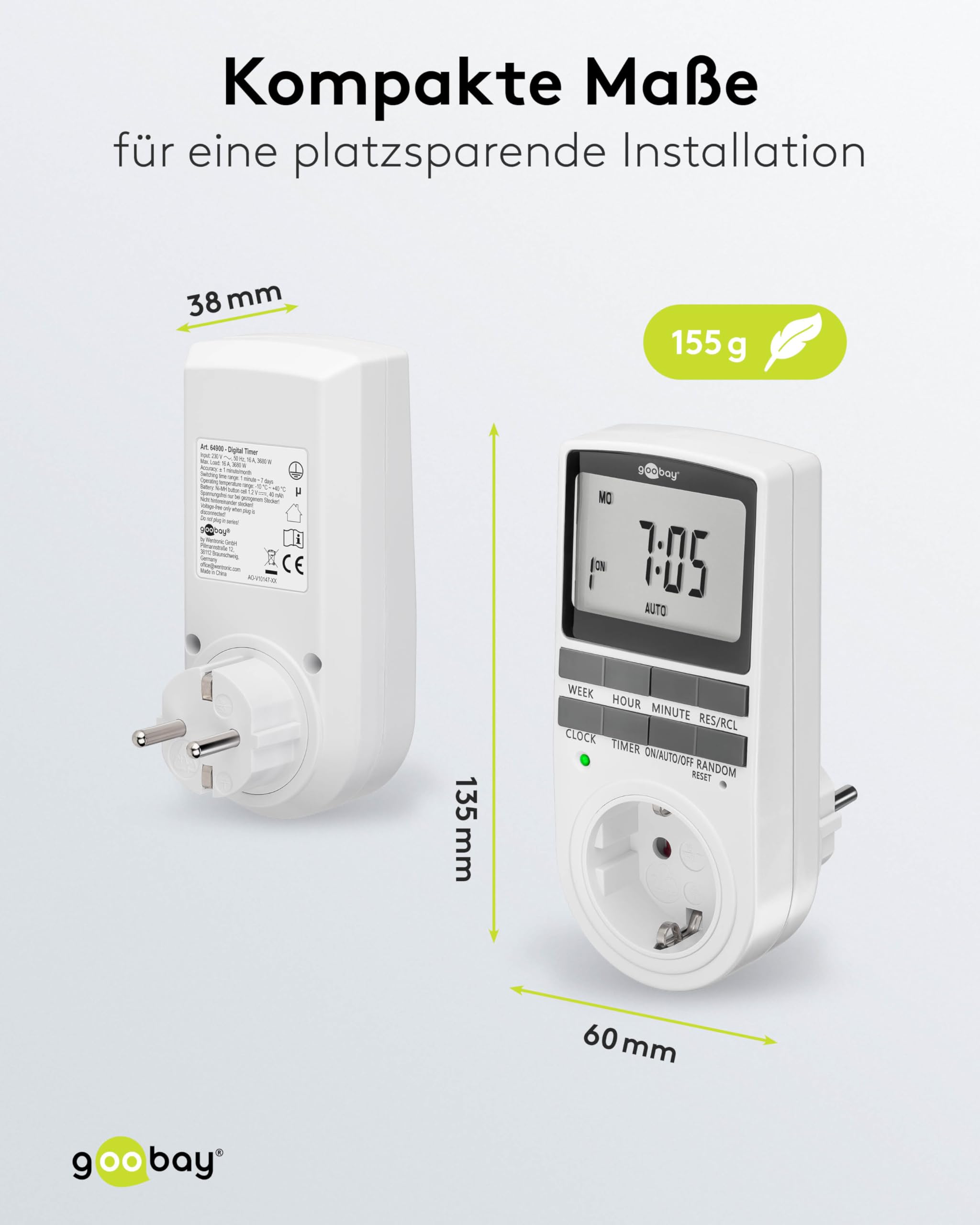goobay - Zeitschaltuhr 4er Set digital mit 16 Programmen - Zeitschaltuhr Steckdose mit Zufallsmodus zum Einbruchschutz - Timer Steckdose inkl. 100 Tage Back-up Akku - 3680W - 230V (AC) - 16A - 74217