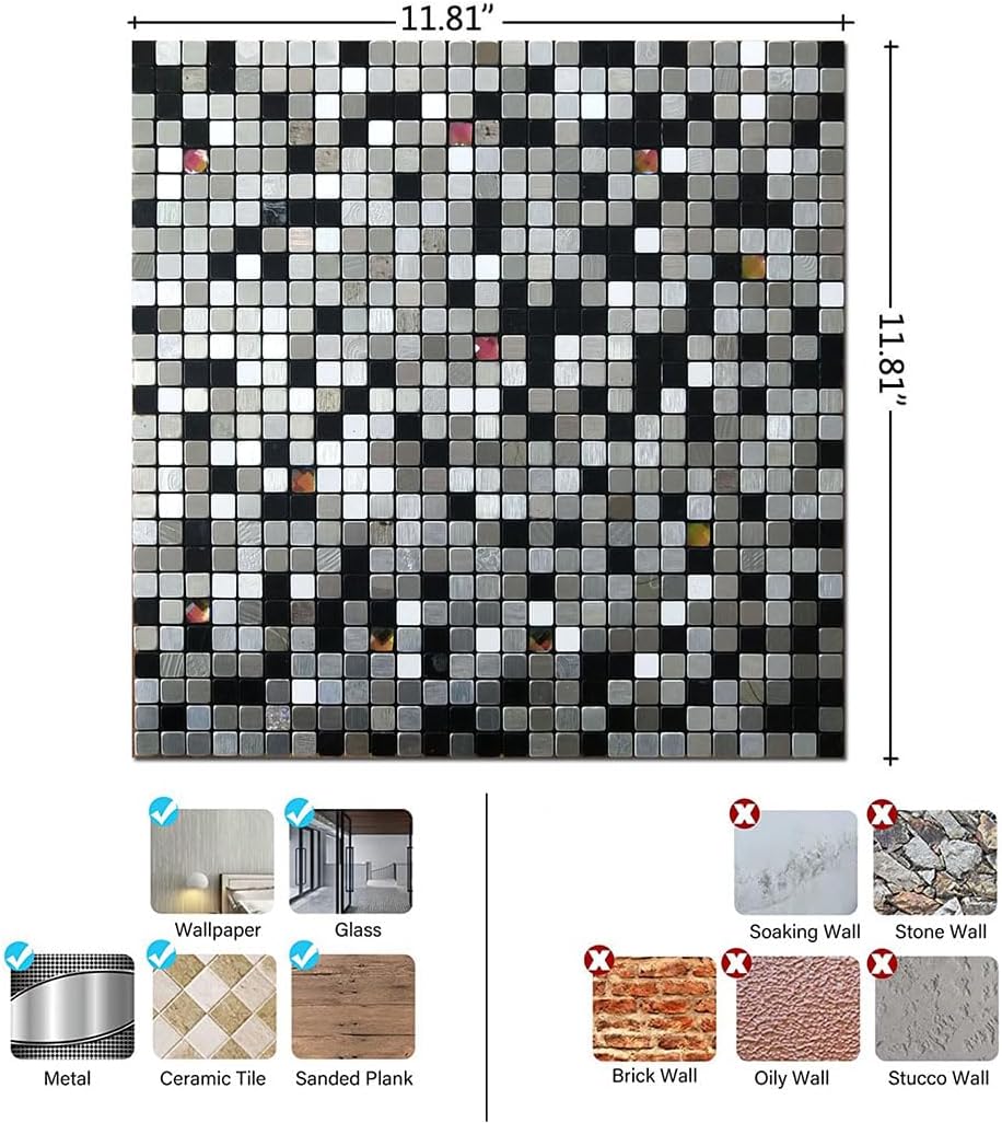 weimeisc 10 sheets peel and stick backsplash tile for kitchen, self-adhesive mosaic tile, stick on bathroom vanities?fireplace décor, laundry table(11.81" x 11.81") (mixed dark&silver, 10) 10 mixed dark&silver
