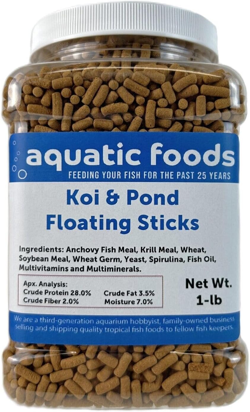 Aquatic Foods Inc. Koi 7/16" x 5/32" 28% Protein Floating Sticks for Koi, Goldfish, All Pond Fish, All Aquatic Turtles...WL 1-lb Med Jar