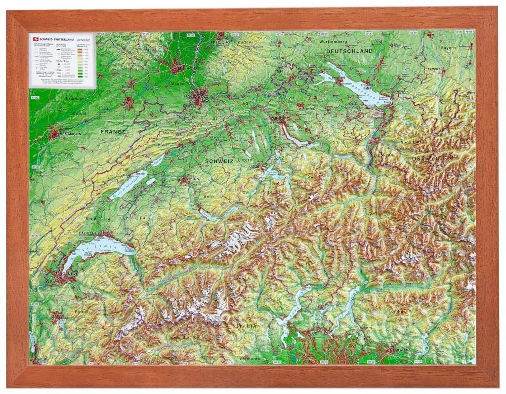 Schweiz 1:1.0 MIO mit Rahmen: Reliefkarte Schweiz klein mit Holzrahmen: Tiefgezogenes Kunststoffrelief