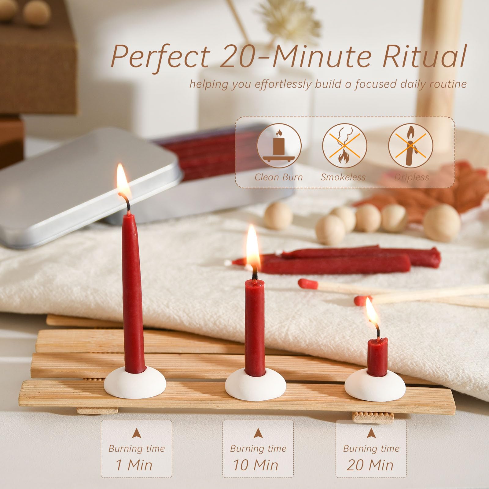 20 Minuten 100 % reines Bienenwachskerzen, Mini-Kerzen, achtsame Meditationskerzen, rauchfrei und tropffrei, mit Halter für Yoga, Gebet, Entspannung (Rot, 60 Stück)