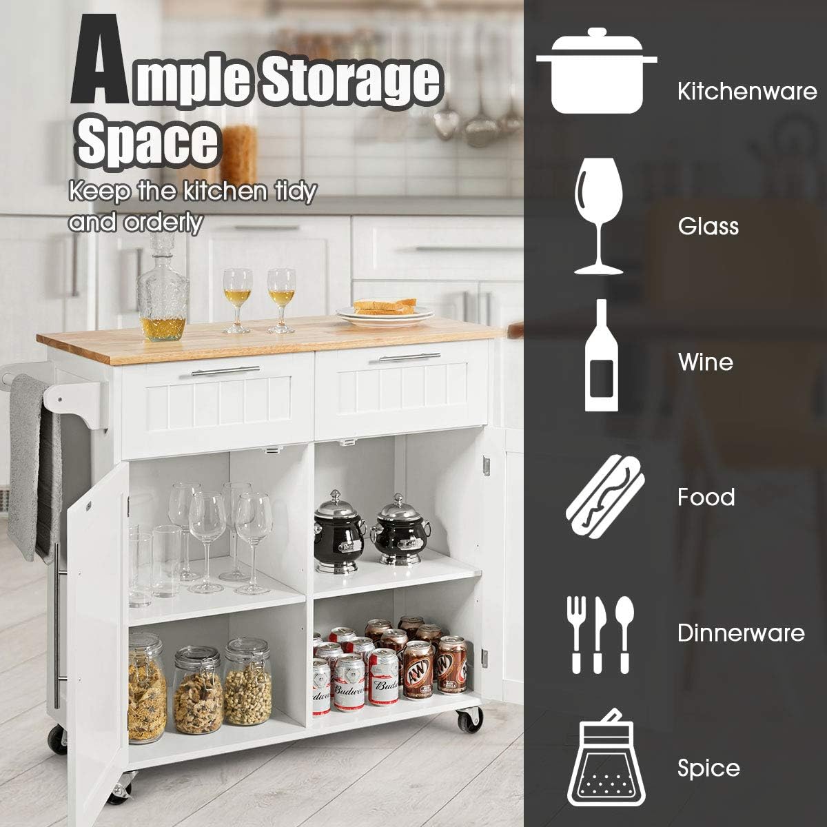 Giantex Kitchen Island Cart Rolling Storage Trolley Cart Home and Restaurant Serving Utility Cart with Drawers, Cabinet, Towel Rack and Wood Top (White)