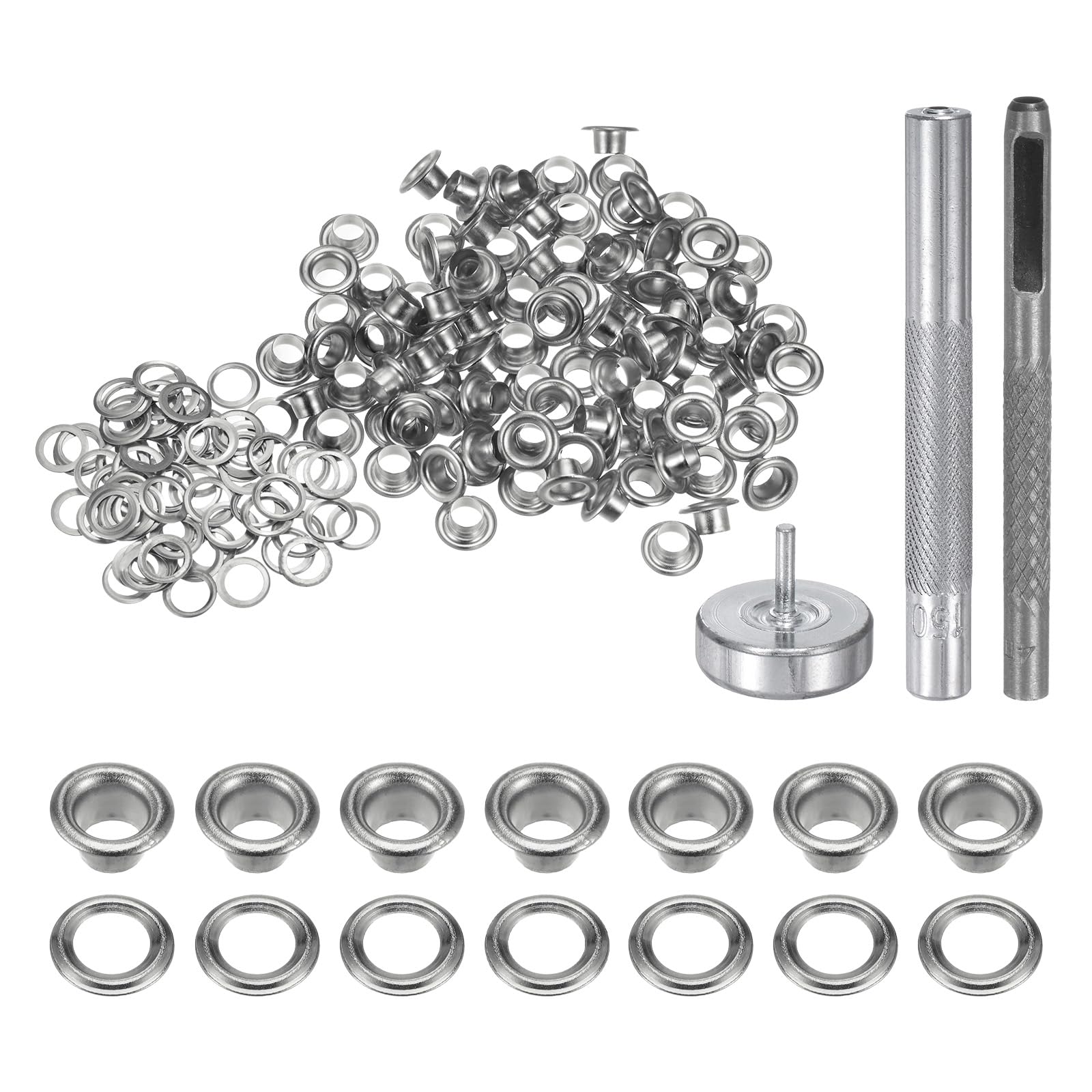 QUARKZMAN Kit de Herramientas de 100 Piezas de Ojales de Cobre de 4 mm con Punzón Hueco, Herramientas de Instalación de Ojales para Ropa, Cuero, Tela, Cinturones, Tono Plateado