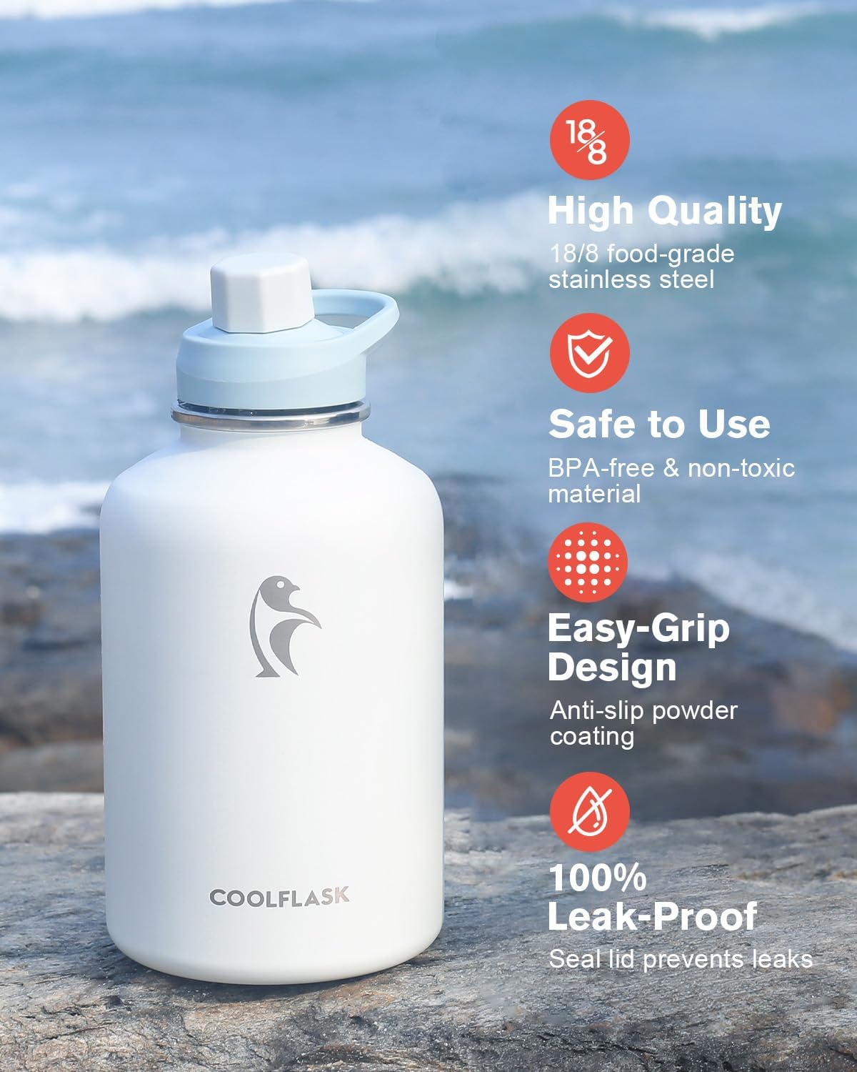 Coolflask 64 oz Water Bottle Insulated with PU Leather Sleeve, Half Gallon Water Bottle Color Contrast with Straw Lids, Stainless Steel Metal Large Water Jug, Keep Cold 48h Hot 24h,Glacier White - Image 6