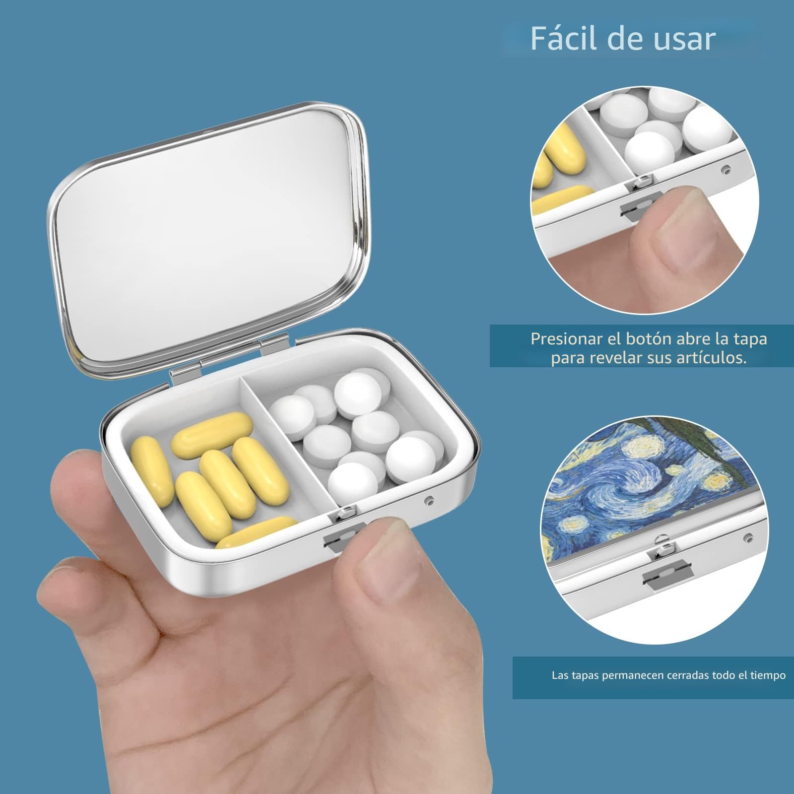 Pastillero de 2 compartimentos para medicinas, portátil para bolsillo o monedero Pastillero Decorativo de metal para medicinas Organizador de vitaminas Regalo único