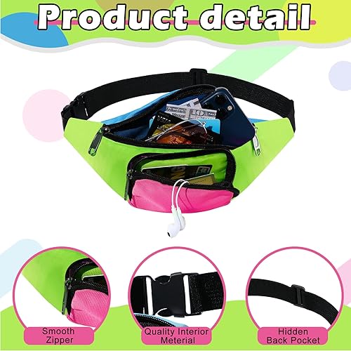 Vista 2 de Xuniea Riñonera retro de neón de los años 80, 2 bolsillos, para cinturón, disfraces de los años 90 para mujeres y hombres, riñoneras para festivales