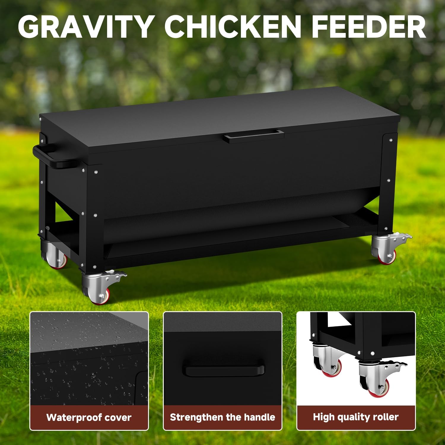 Portable Metal Chicken Feeder with Waterproof Lid, Freestanding Chicken Feeding Box with 120 lbs Large Capacity for Chickens, No Waste Gravity Poultry Feeder