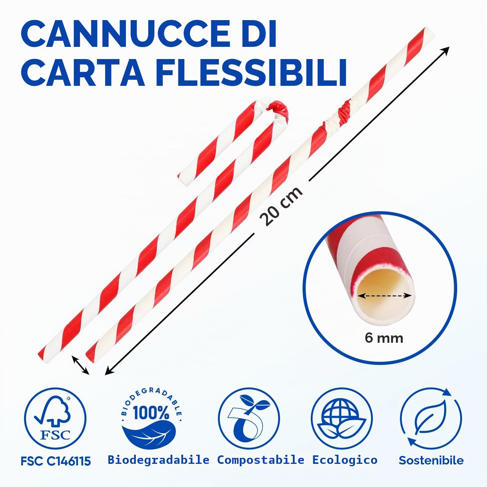 Cannucce di carta usa e getta flessibili, 19,7 x 0,6 cm, 100% biodegradabili, a strisce colorate, confezione da 250