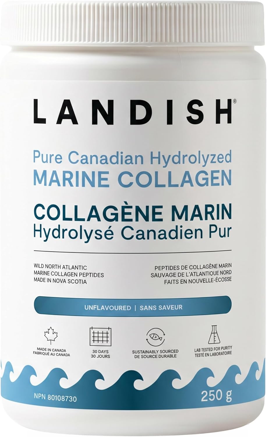 Landish Pure Canadian Marine Collagen Powder, Unflavoured, 30 Servings | Made in Canada, Wild North Atlantic, High purity, Low molecular weight, No fishy taste, Third-party tested, Shellfish-free